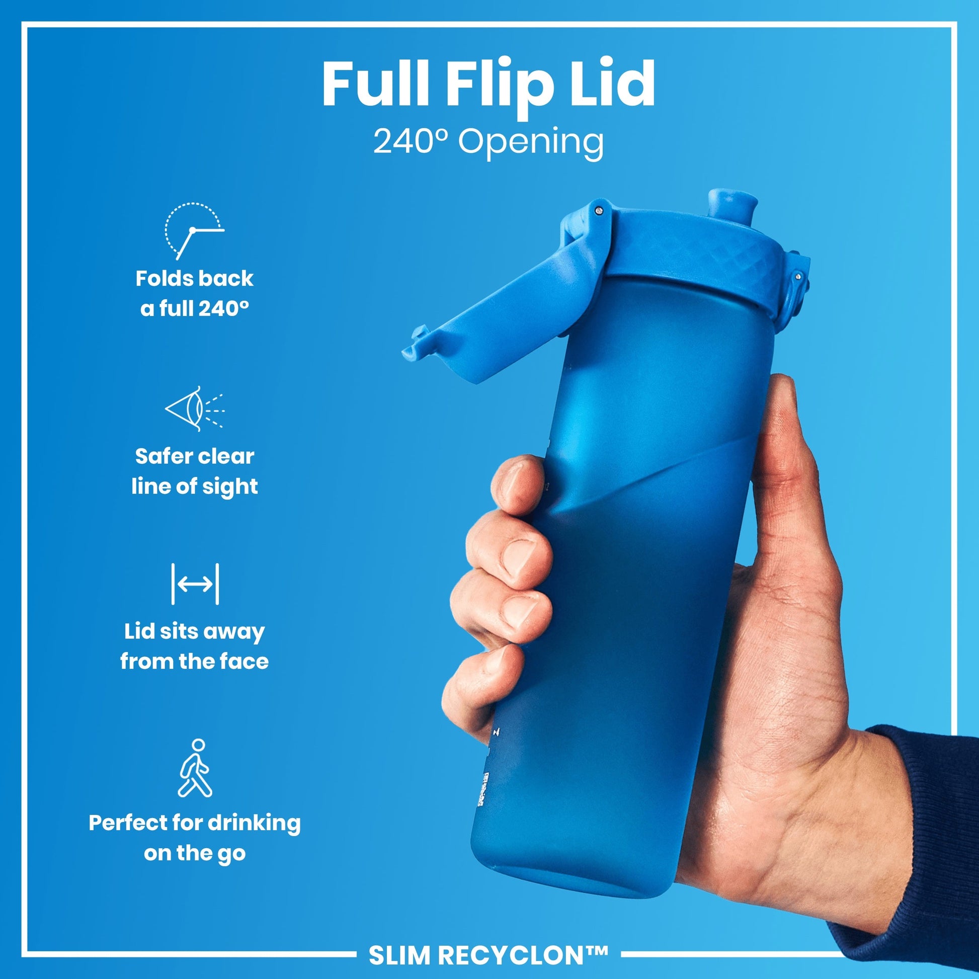 Blue shaker bottle with full flip lid held by a hand on a blue background