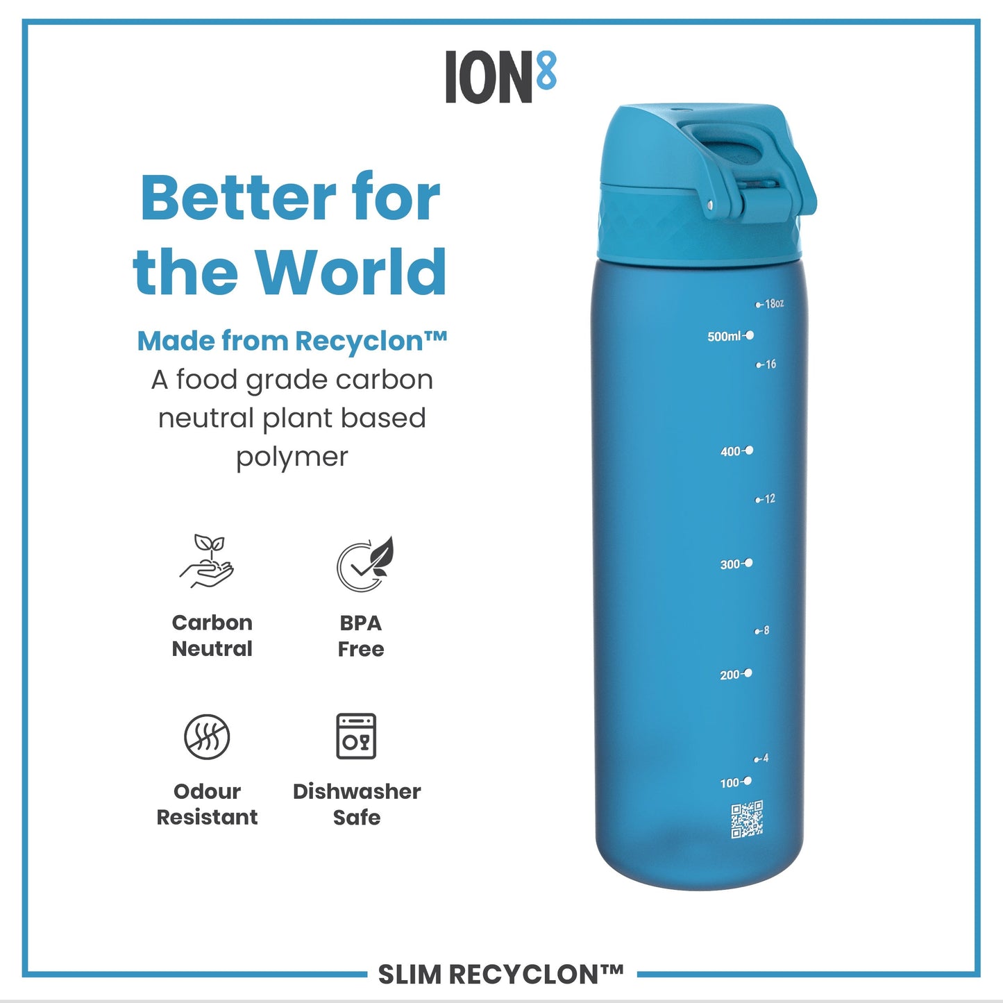 Blue water bottle with 'ION8' branding and sustainability features on a white background