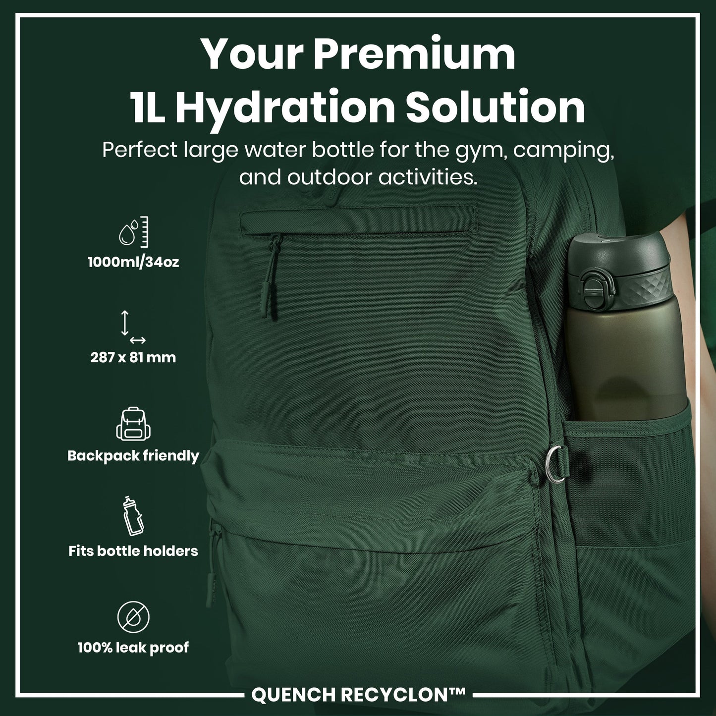 Green hydration bottle in a backpack with product details on a green background