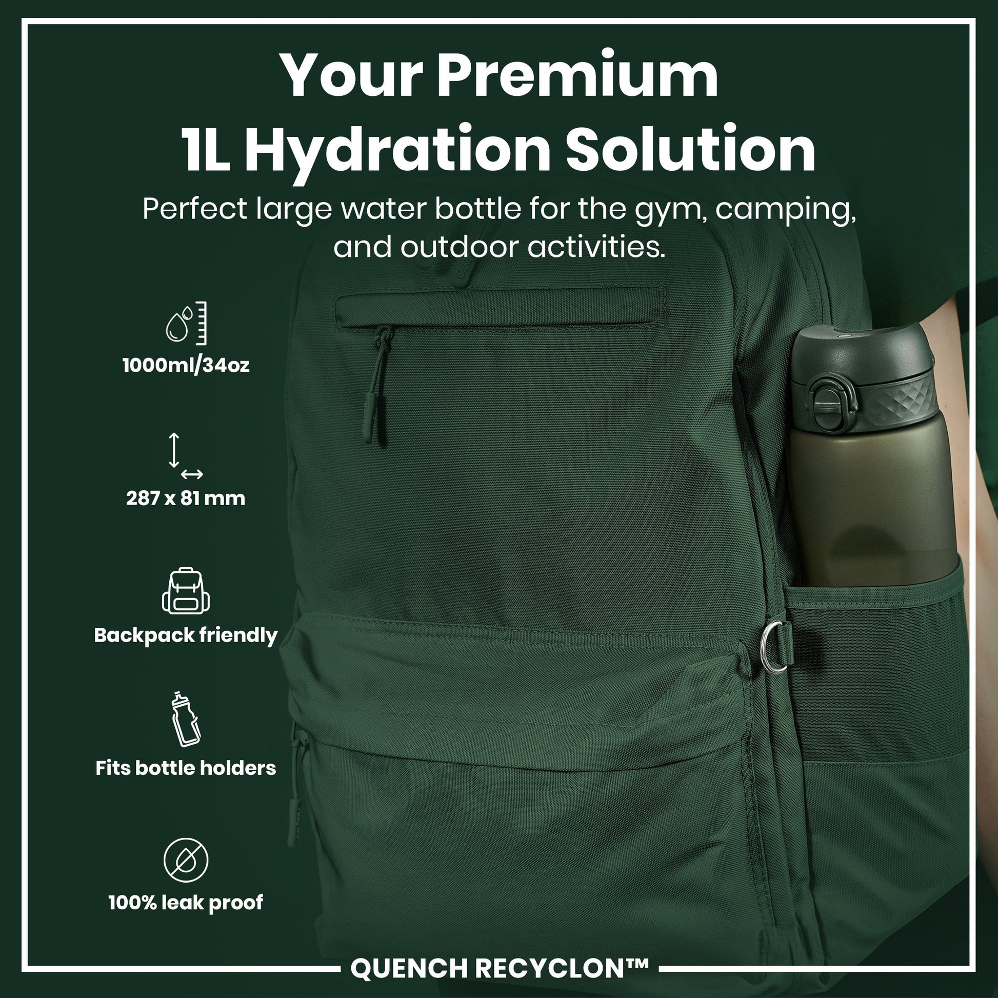 Green hydration bottle in a backpack with product details on a green background