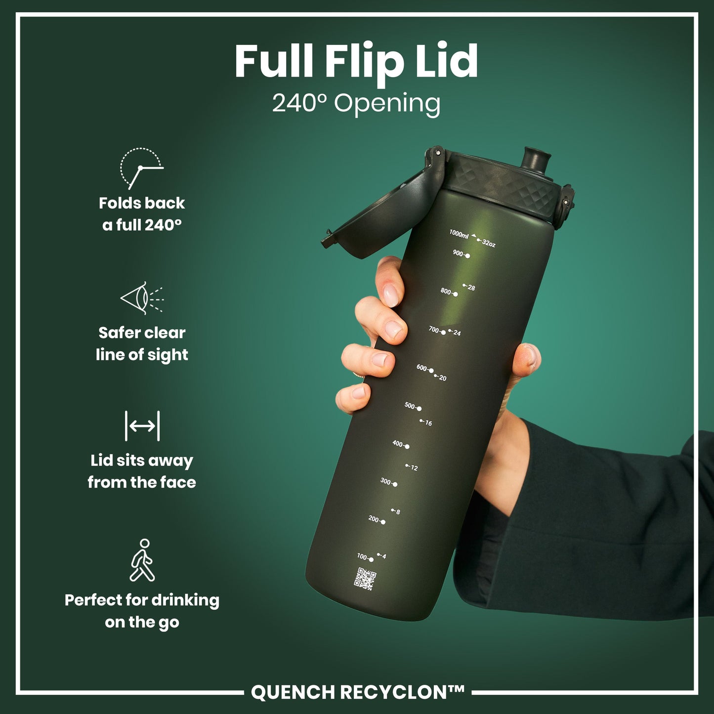 Black water bottle with a full flip lid on a green background, featuring text and icons about the lid's features.