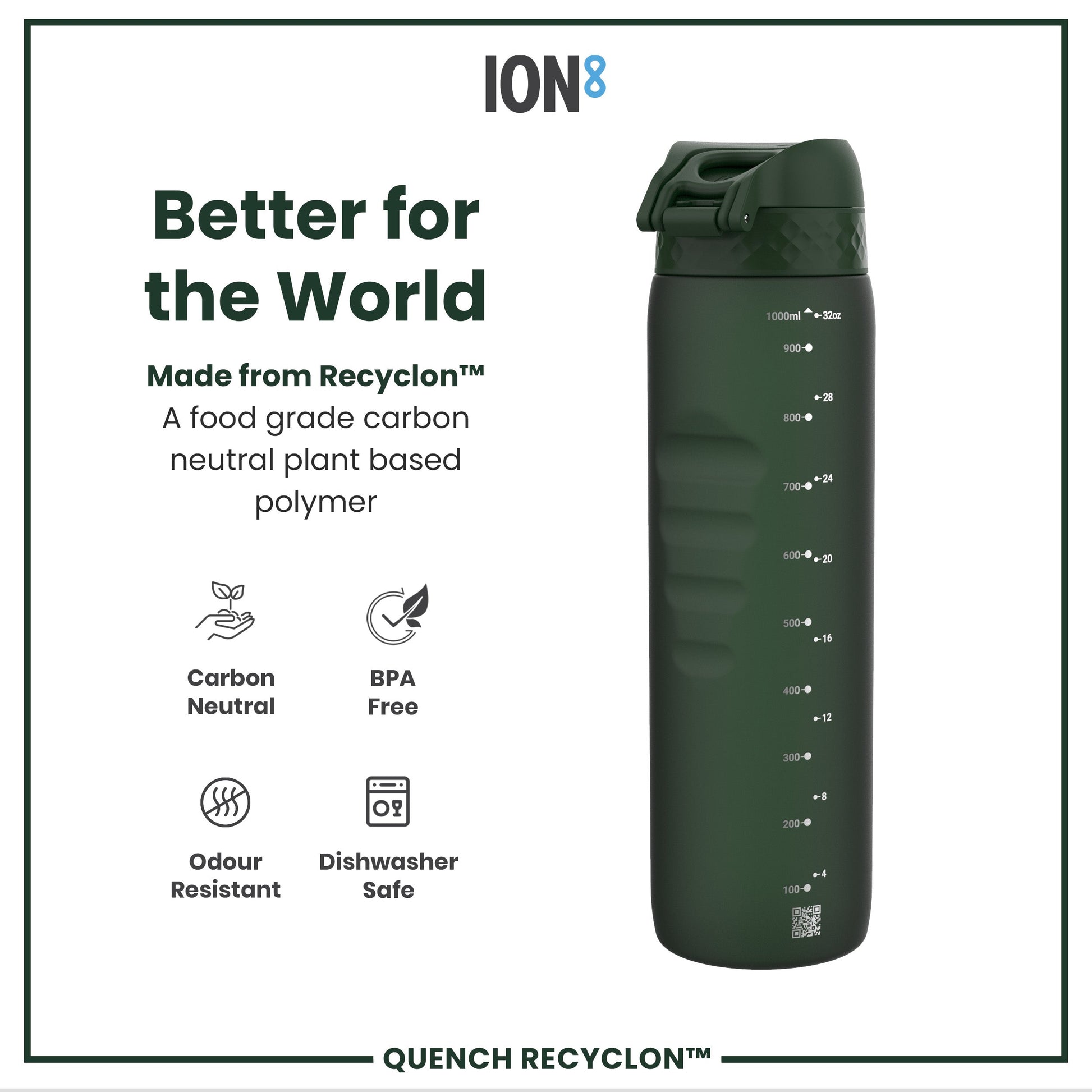 Green water bottle with 'ION8' branding and sustainability features on a white background