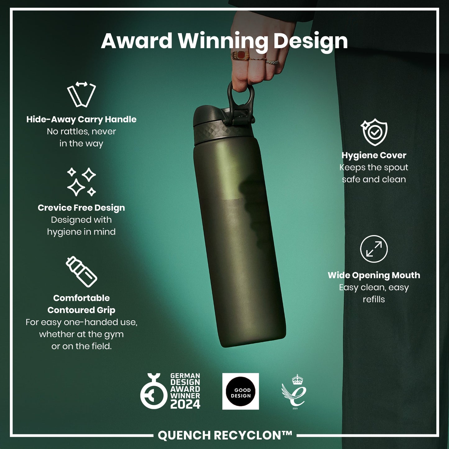 Green water bottle with features listed on a green background