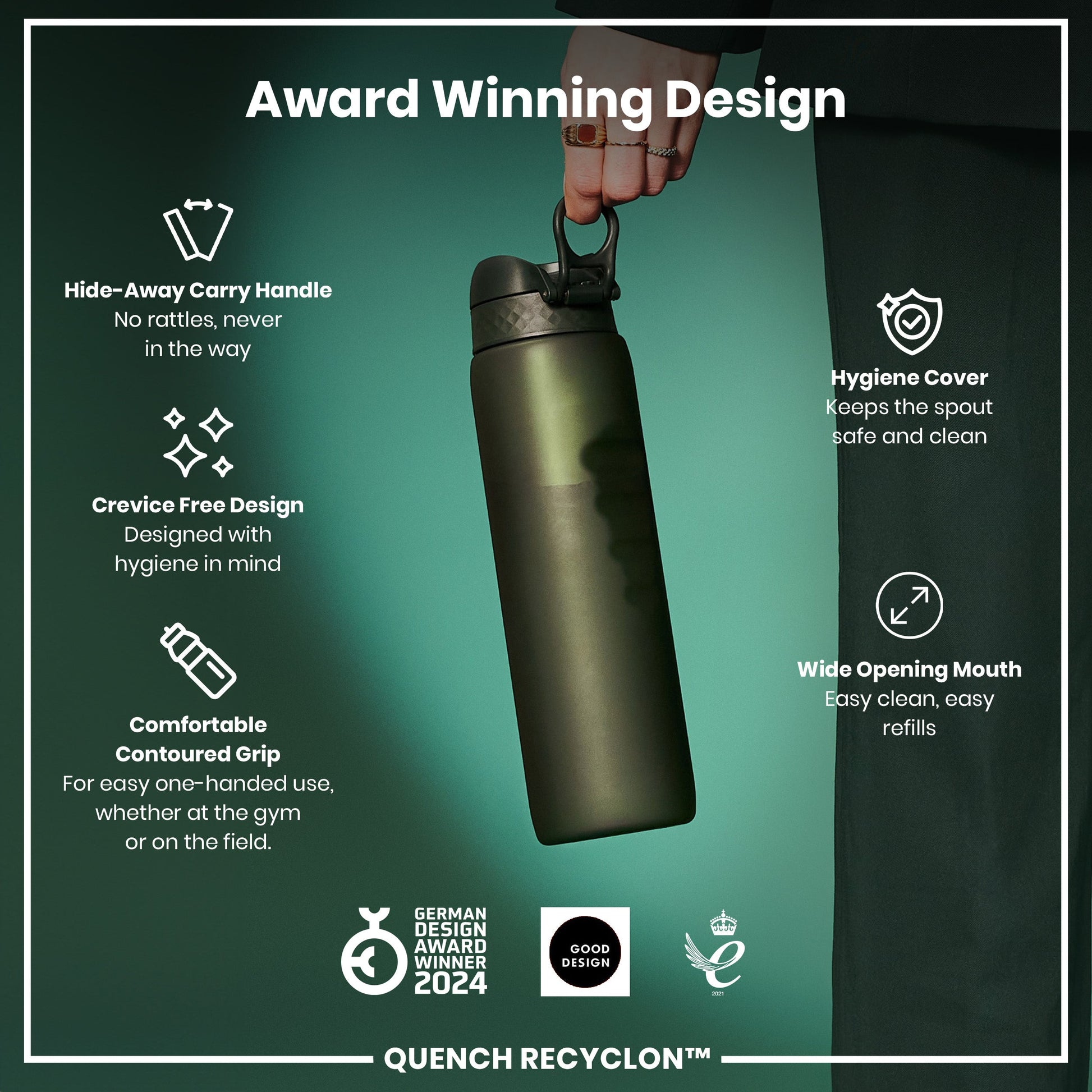Green water bottle with features listed on a green background
