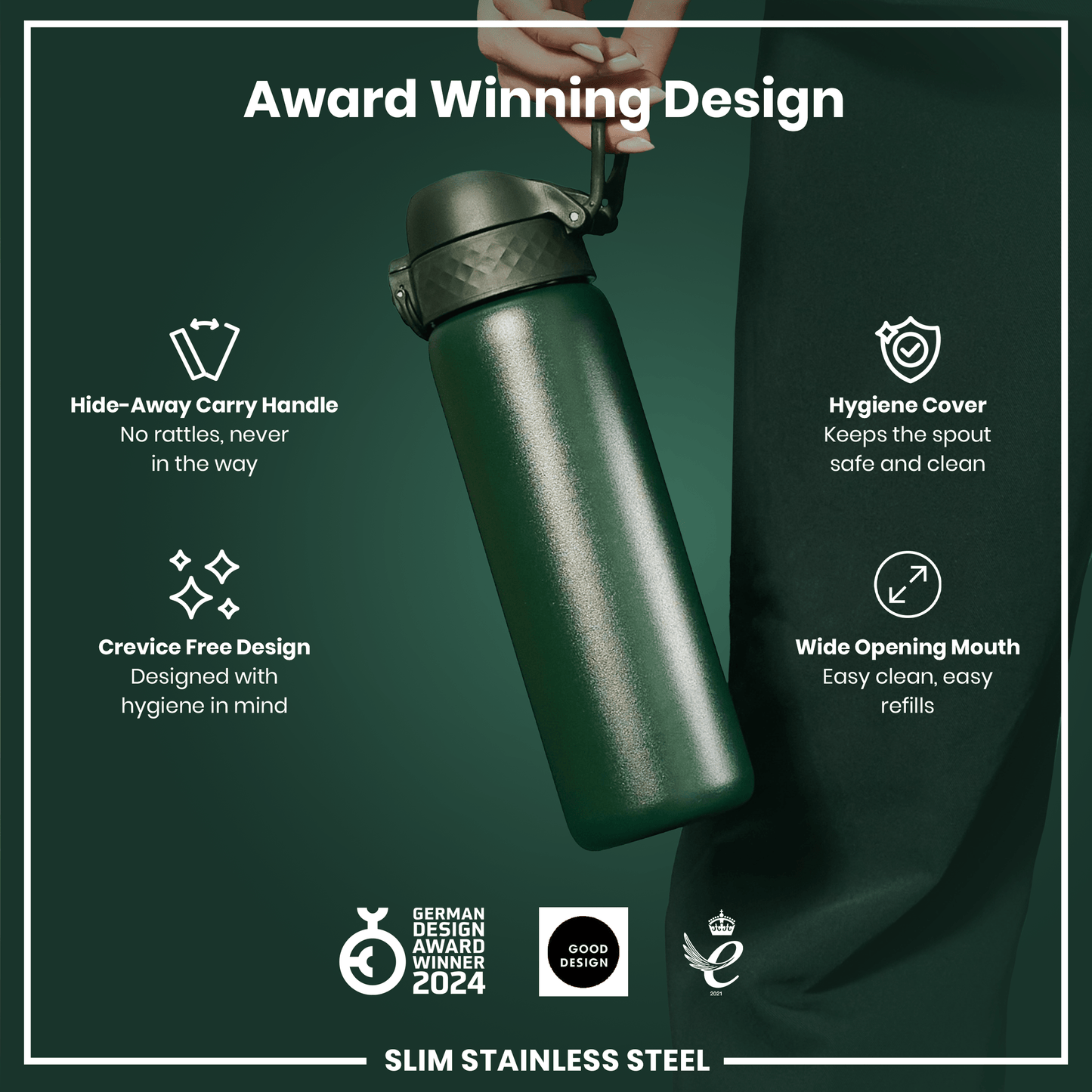 Green stainless steel water bottle with features listed on a green background