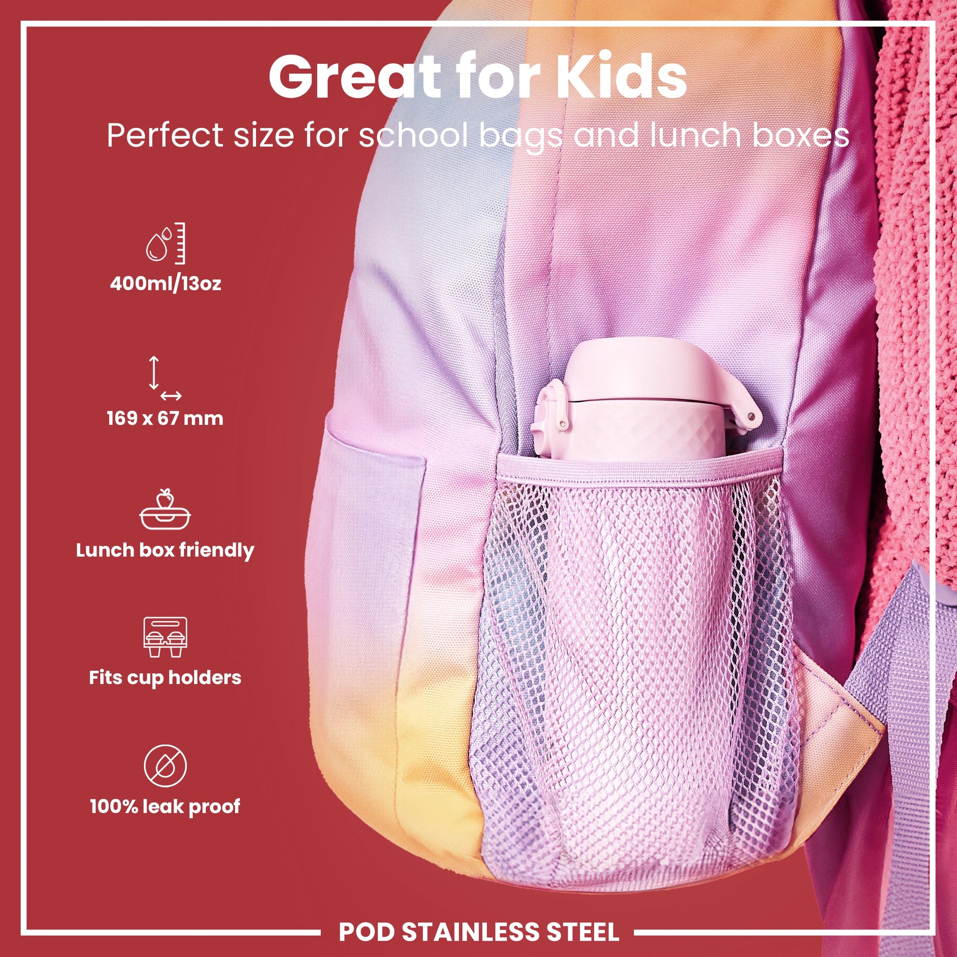 Lunch box in a pocket with product features listed on a red background