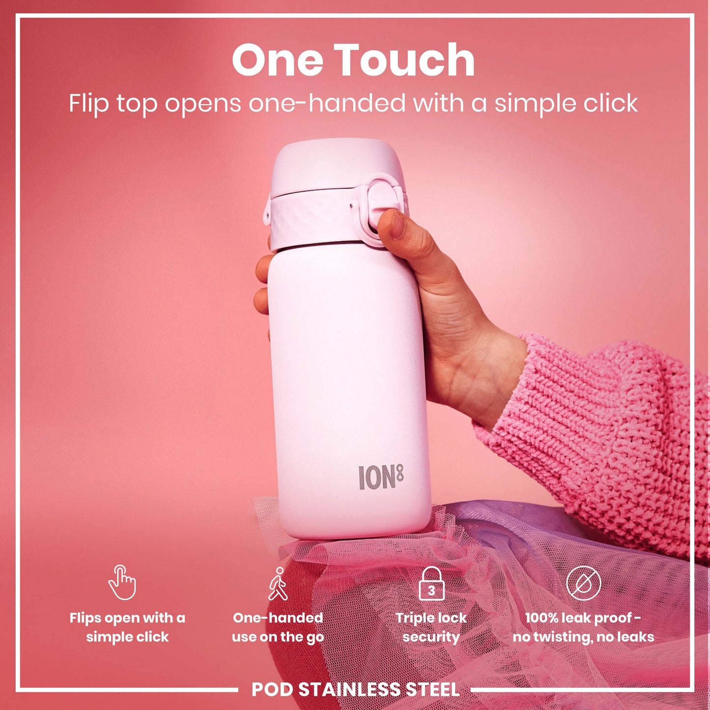 White water bottle with 'ION8' branding held by a hand on a pink background