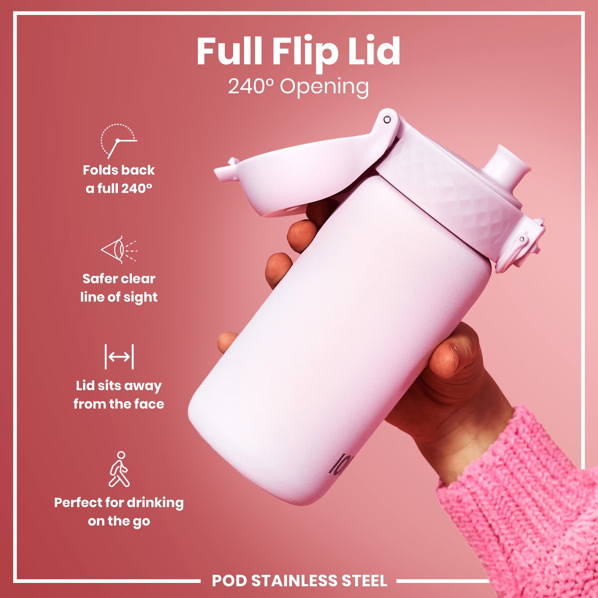 Pink water bottle with full flip lid held by a hand on a pink background
