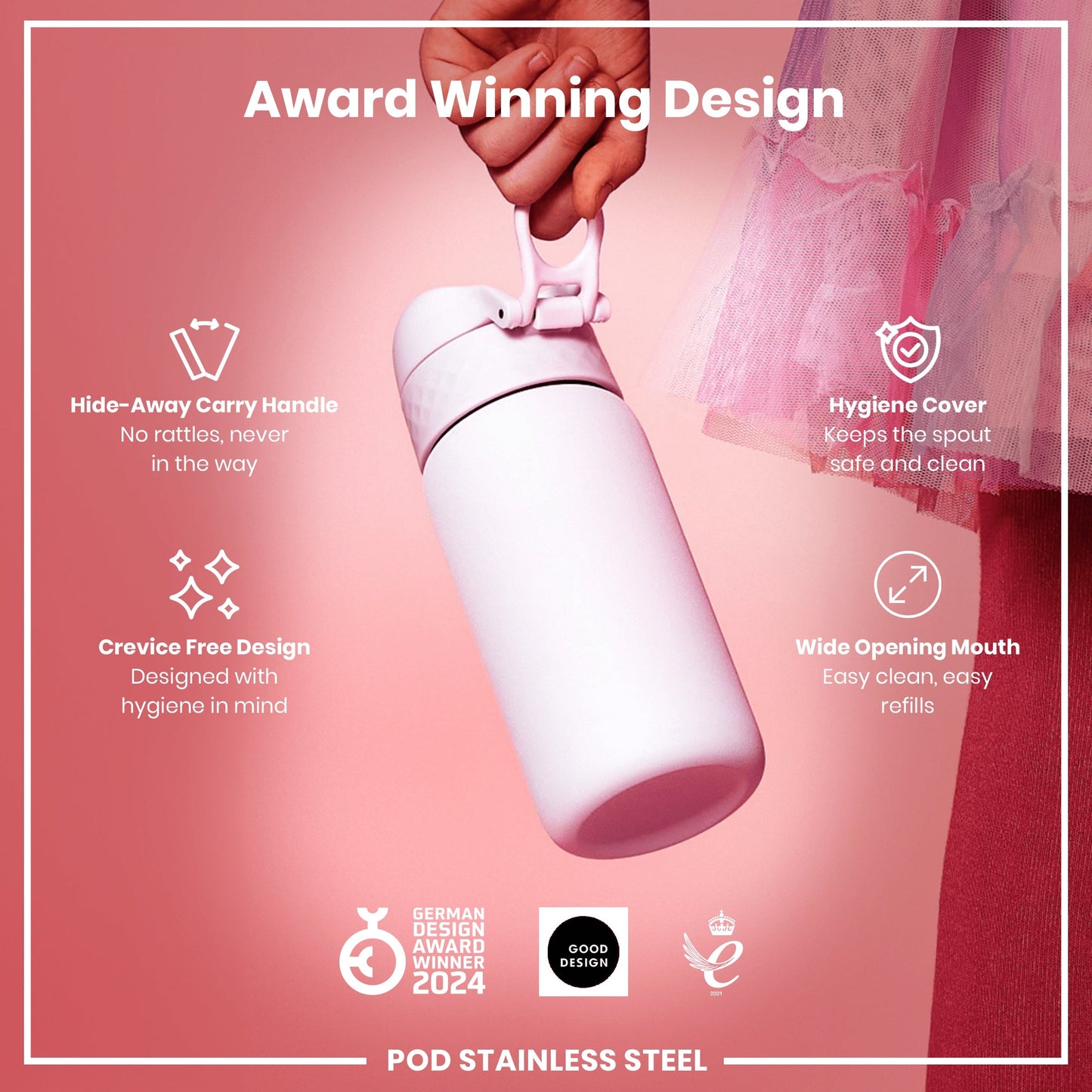 White water bottle with pink cap held by a hand on a pink background, featuring design attributes and awards.