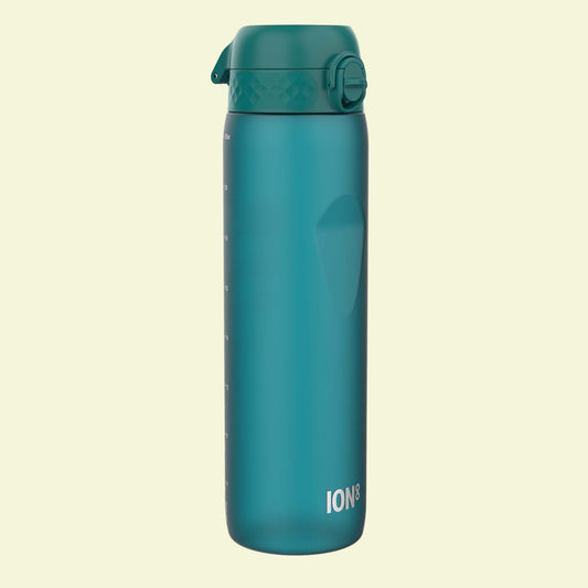 Teal water bottle with a lid on a white background