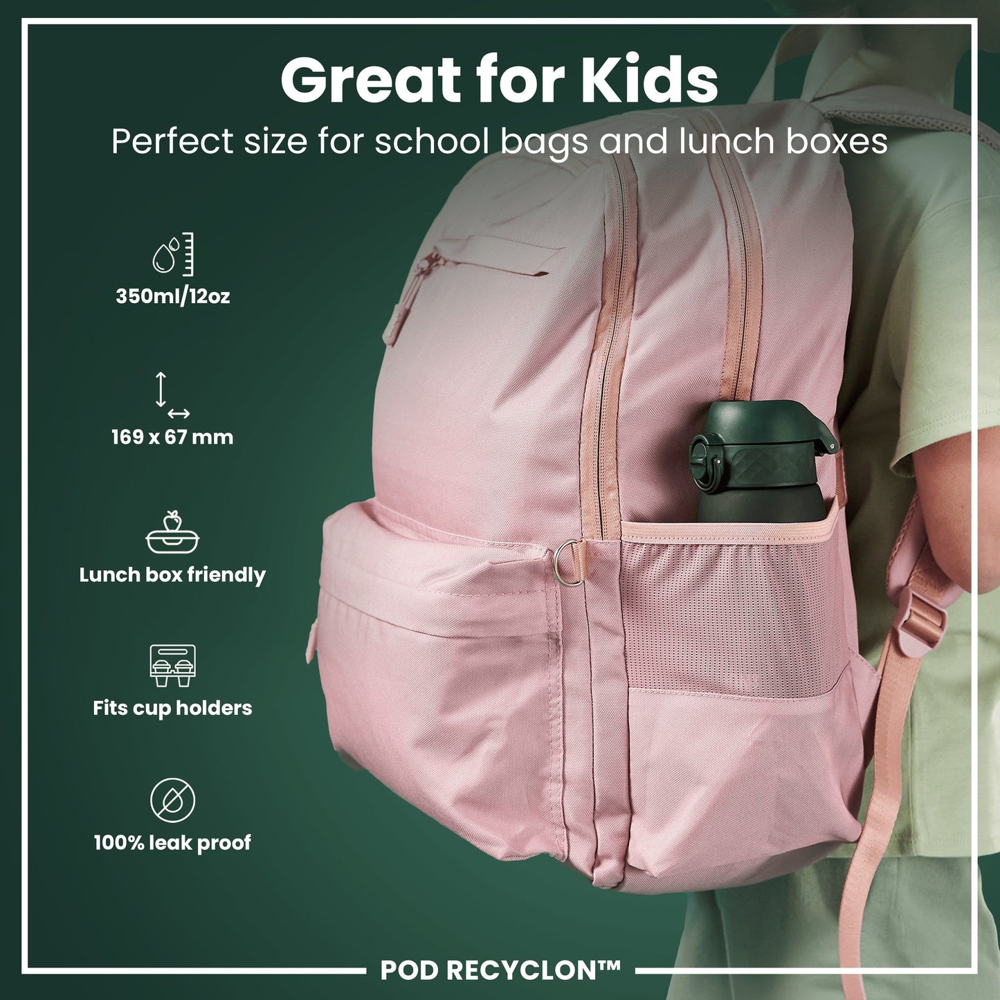 Pink backpack with features listed on a green background