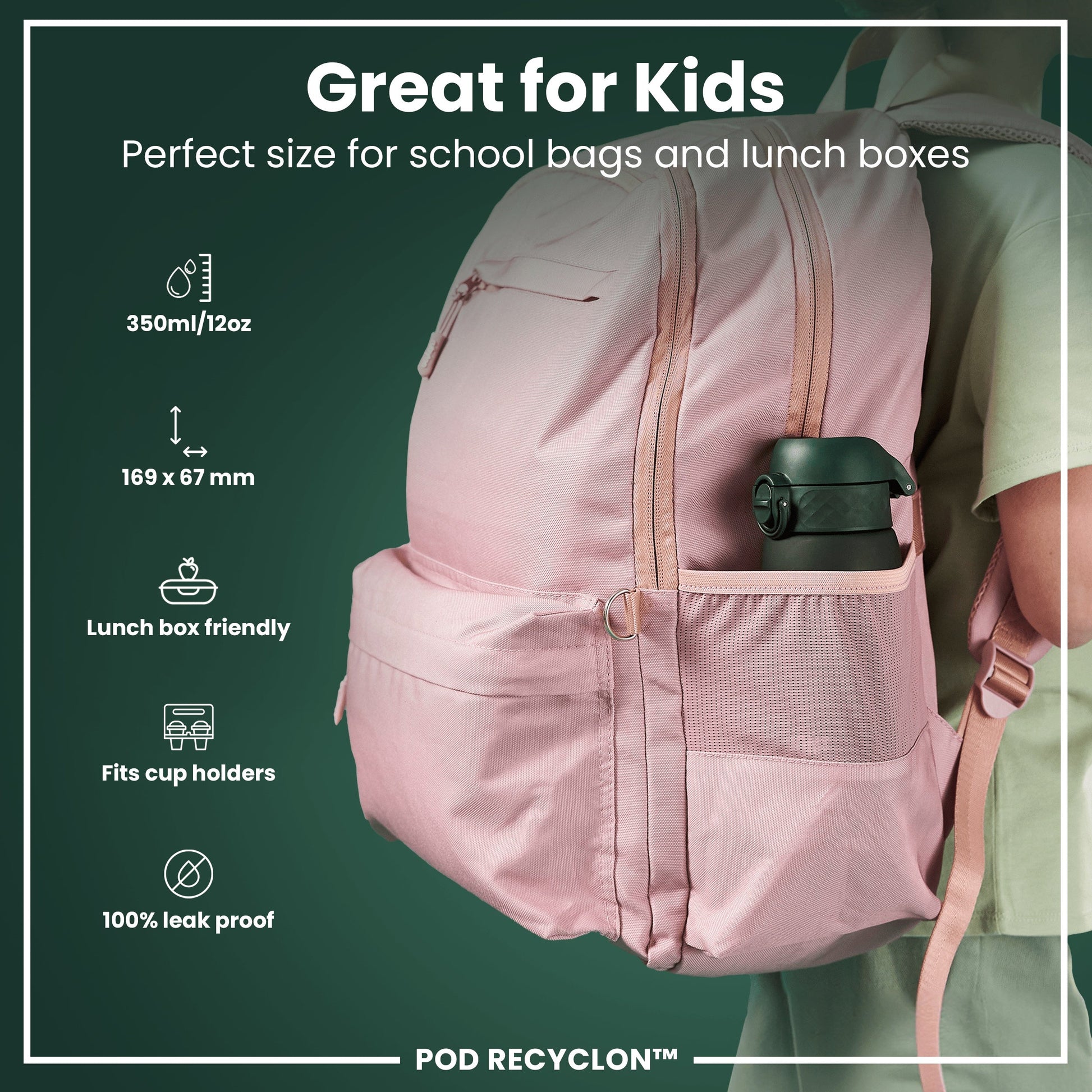 Pink backpack with features listed on a green background