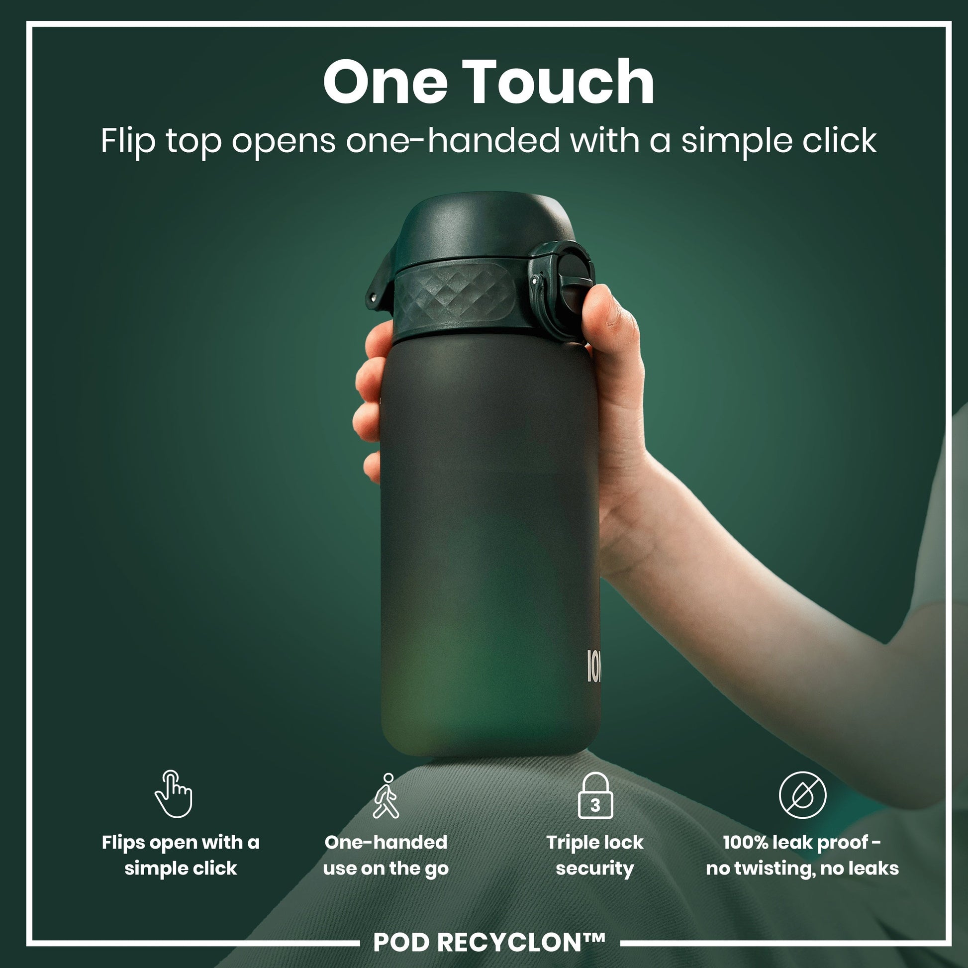 Black water bottle with 'One Touch' feature held by a hand on a dark green background