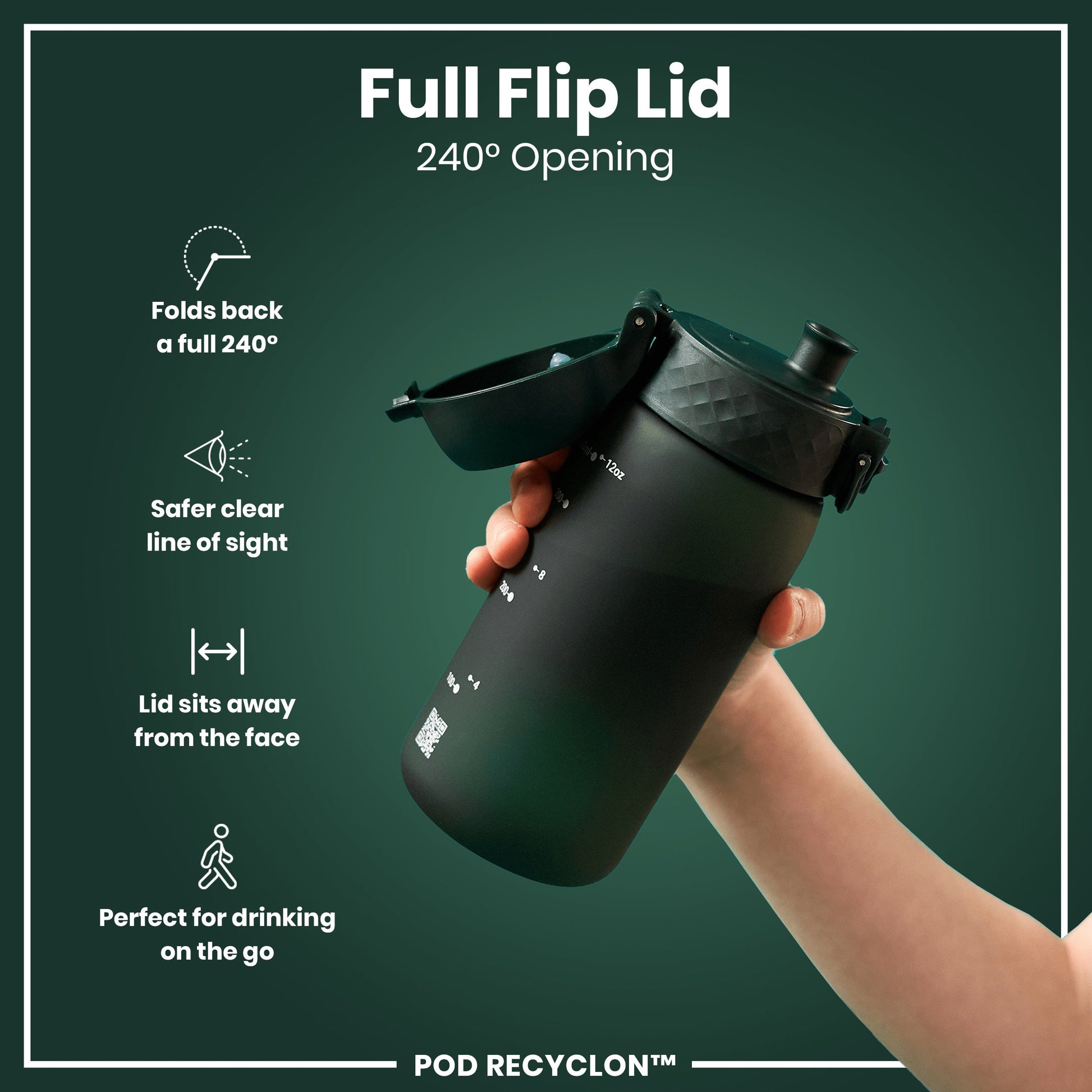 Black shaker bottle with full flip lid held by a hand on a green background, featuring text and icons about the lid's features.