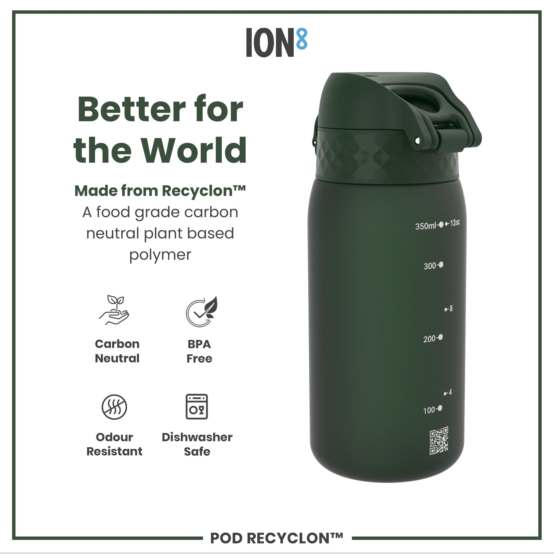 Green water bottle with branding and sustainability features on a white background