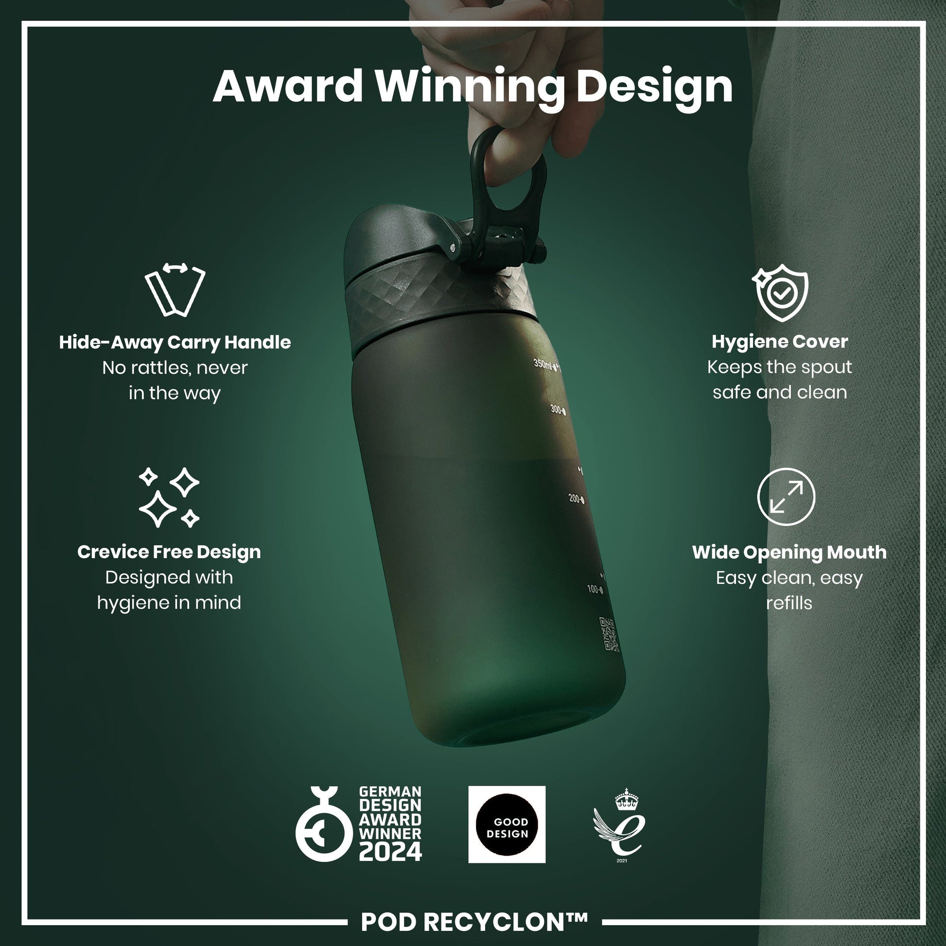 Green water bottle with features highlighted on a dark green background