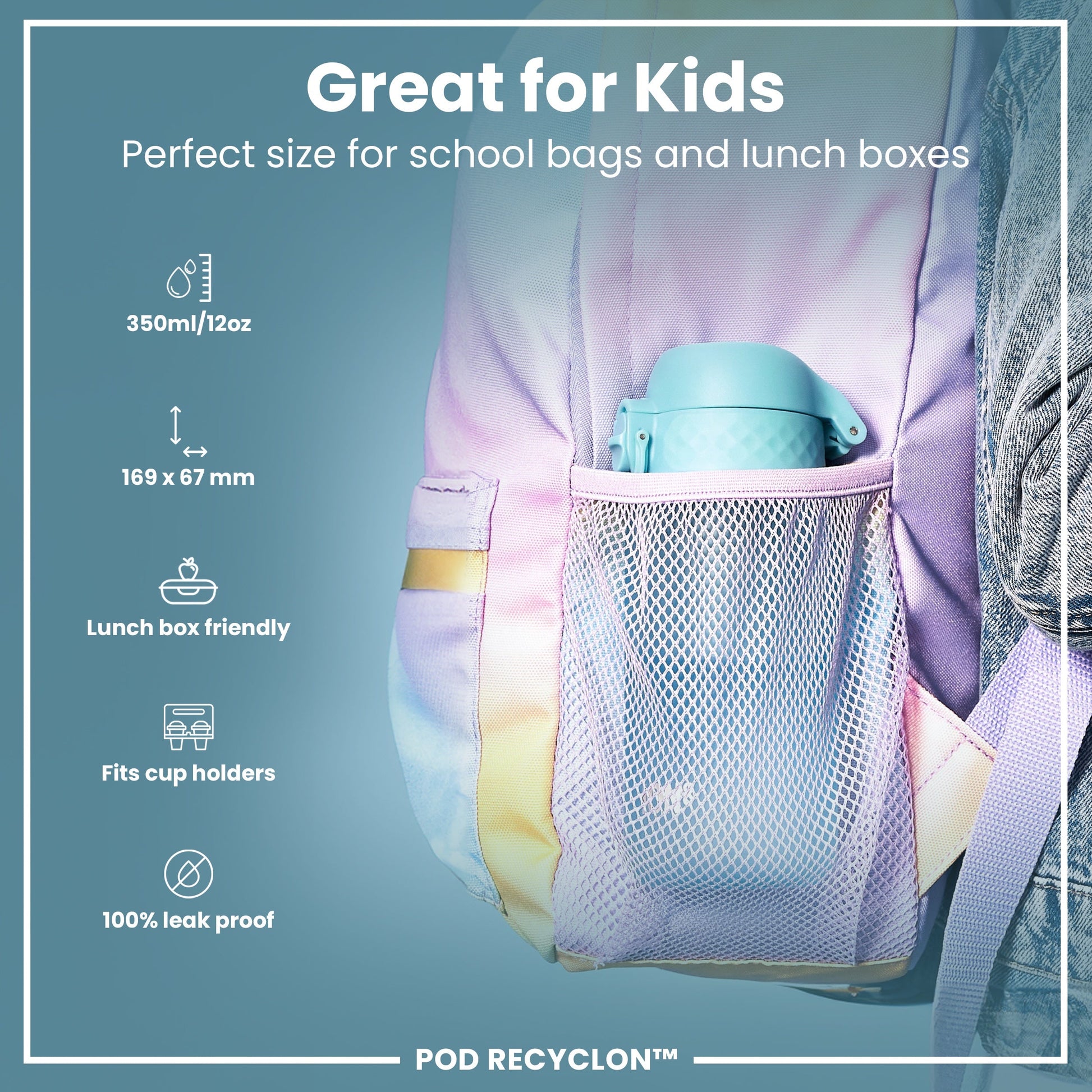 Lunch box with a mesh pocket attached to a bag, featuring text on its suitability for kids and product features.