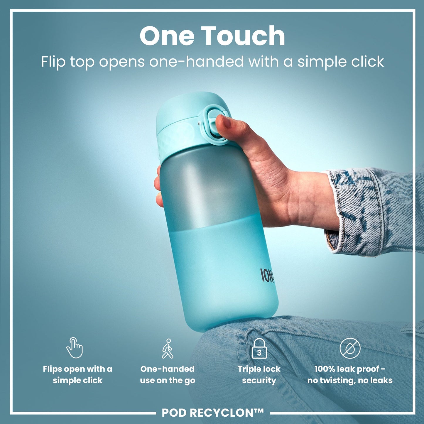 Blue water bottle with flip top held by a hand against a light blue background