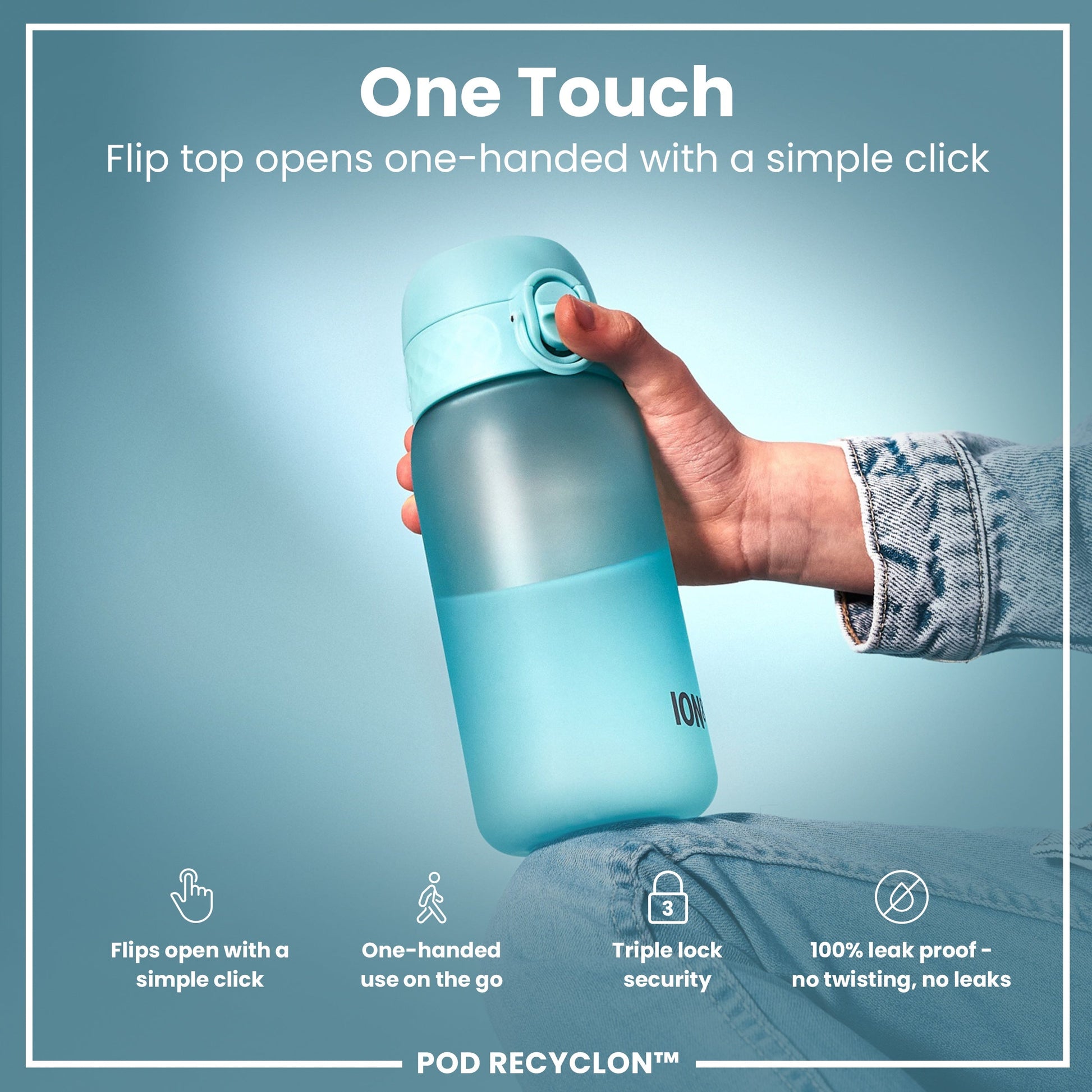 Blue water bottle with flip top held by a hand against a light blue background