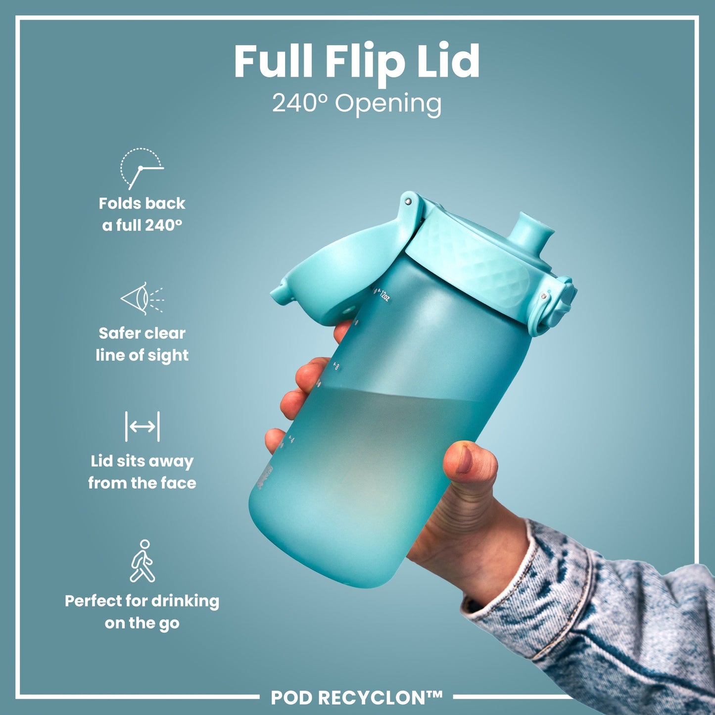 Teal water bottle with full flip lid held by a hand against a blue background