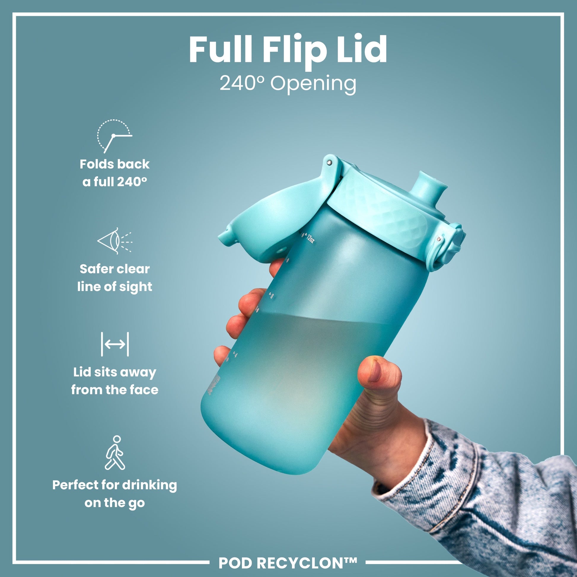 Teal water bottle with full flip lid held by a hand against a blue background