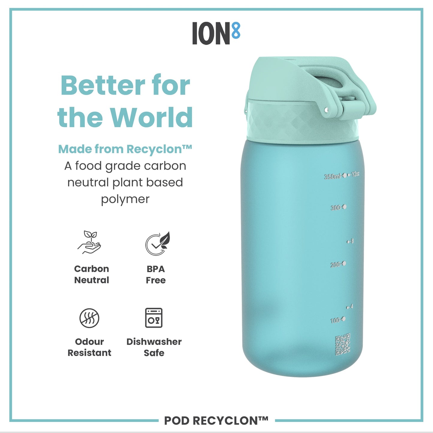 Teal water bottle with 'ION8' branding and sustainability features on a white background