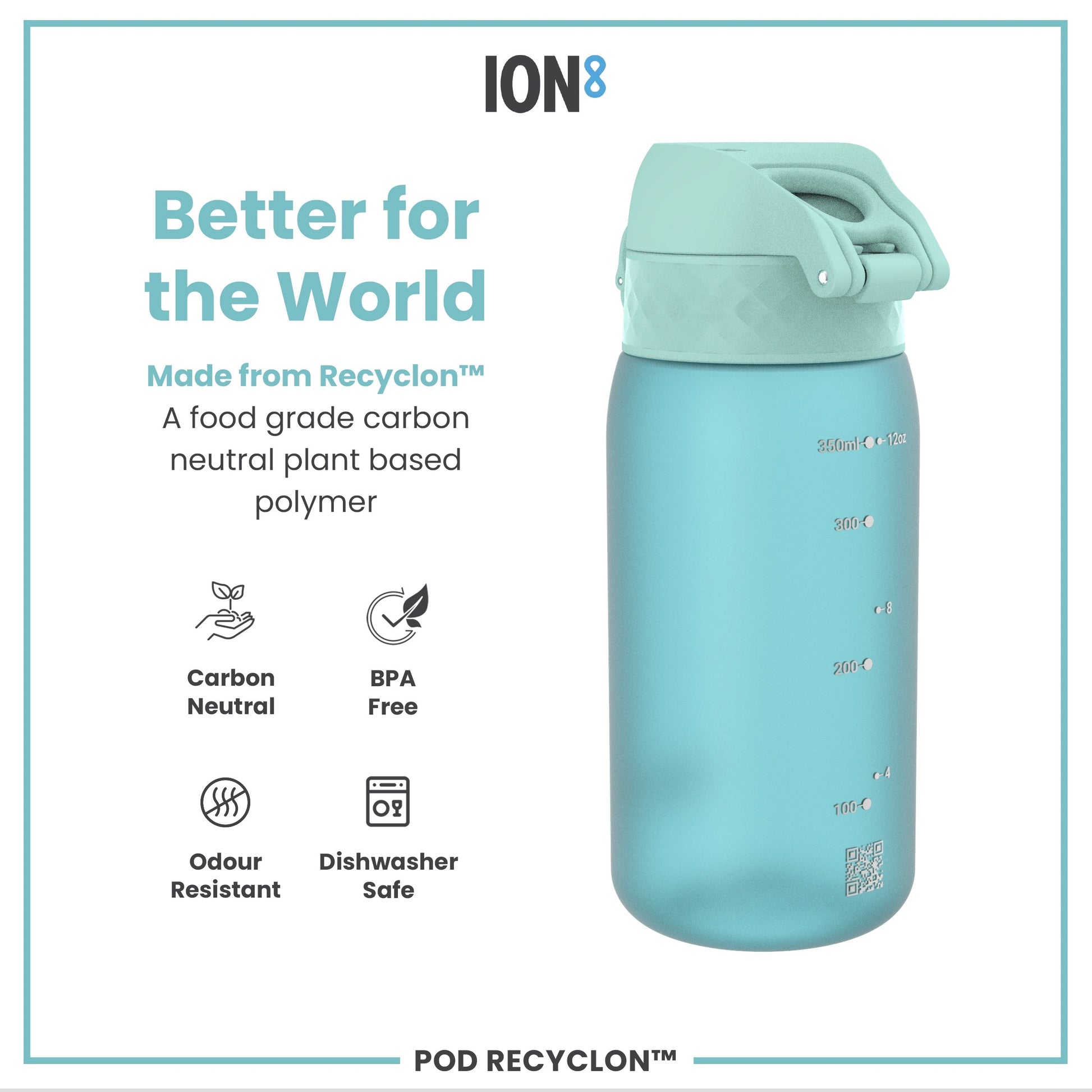 Teal water bottle with 'ION8' branding and sustainability features on a white background