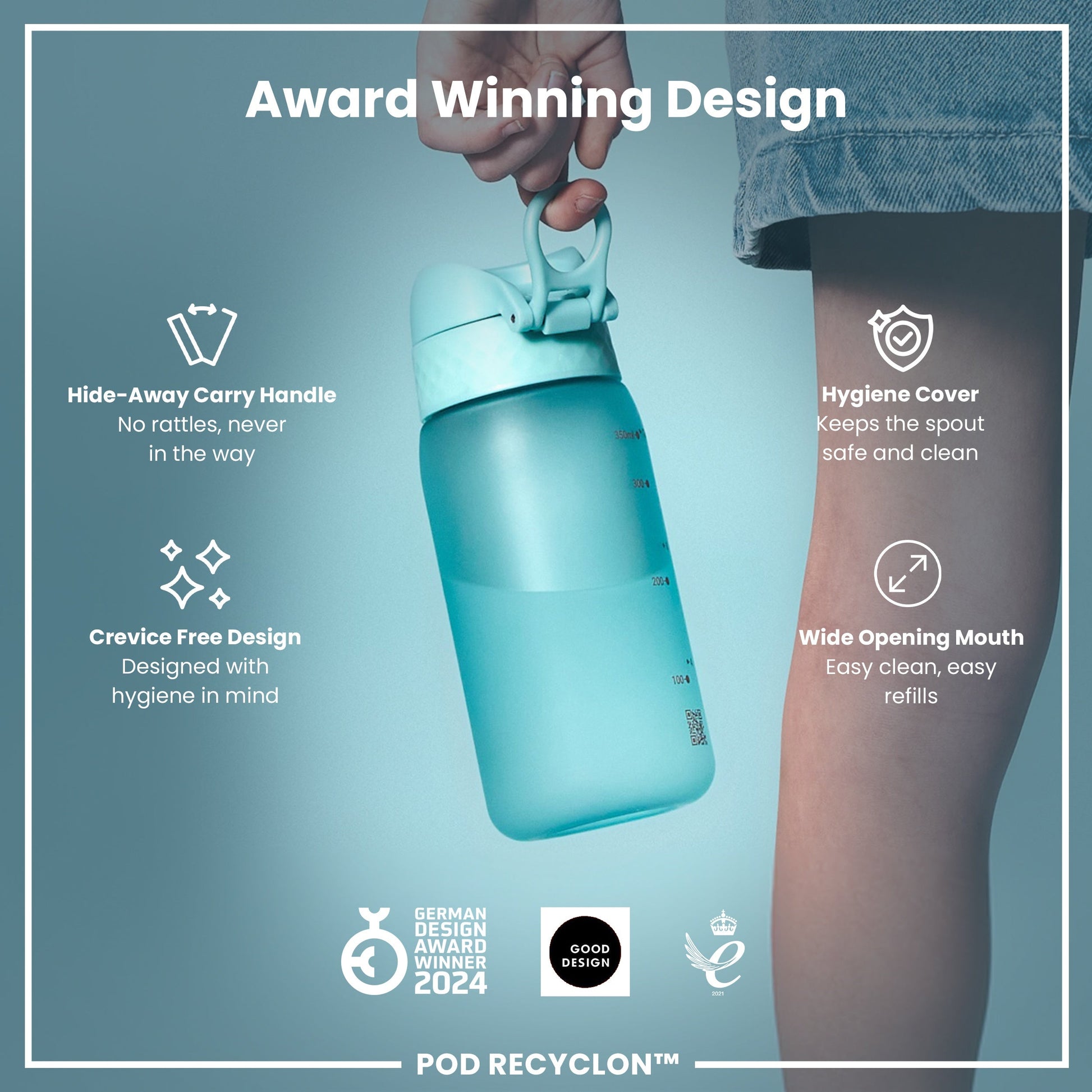 Blue water bottle with features highlighted on a light blue background