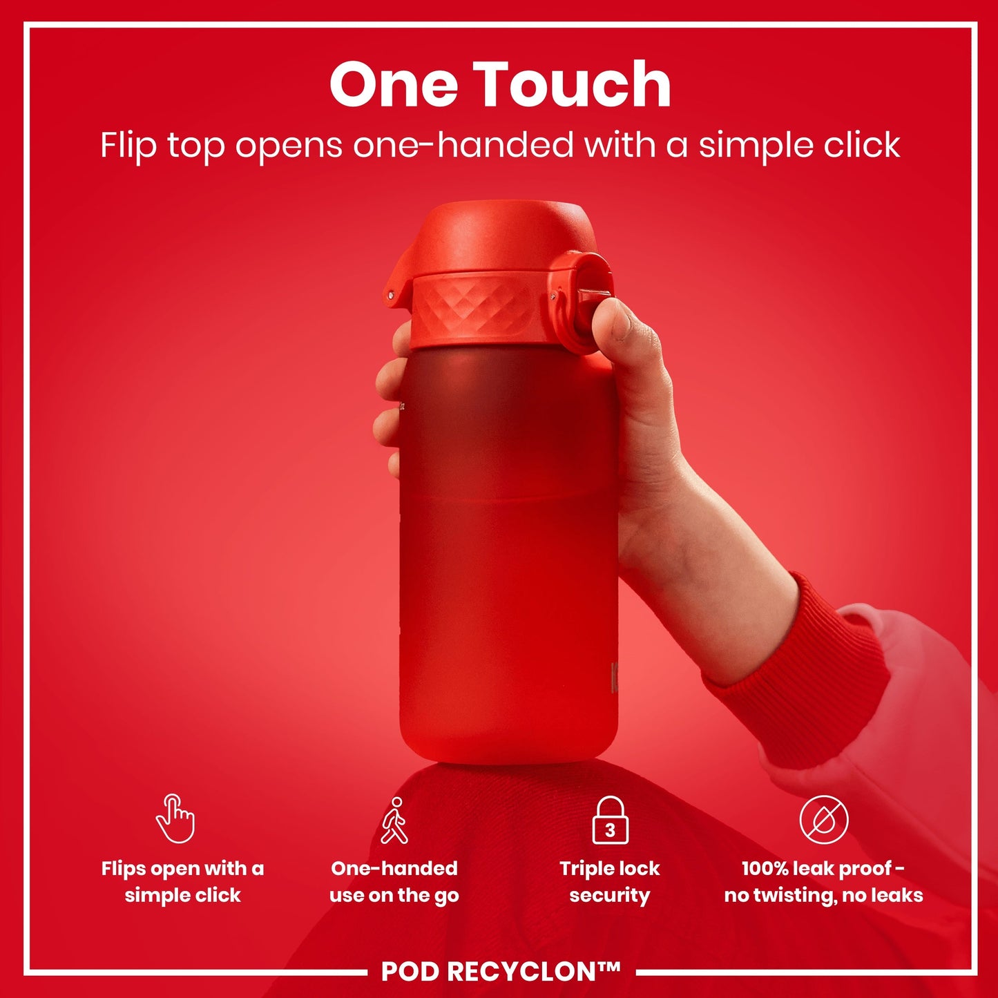 Red water bottle with flip top feature on a red background