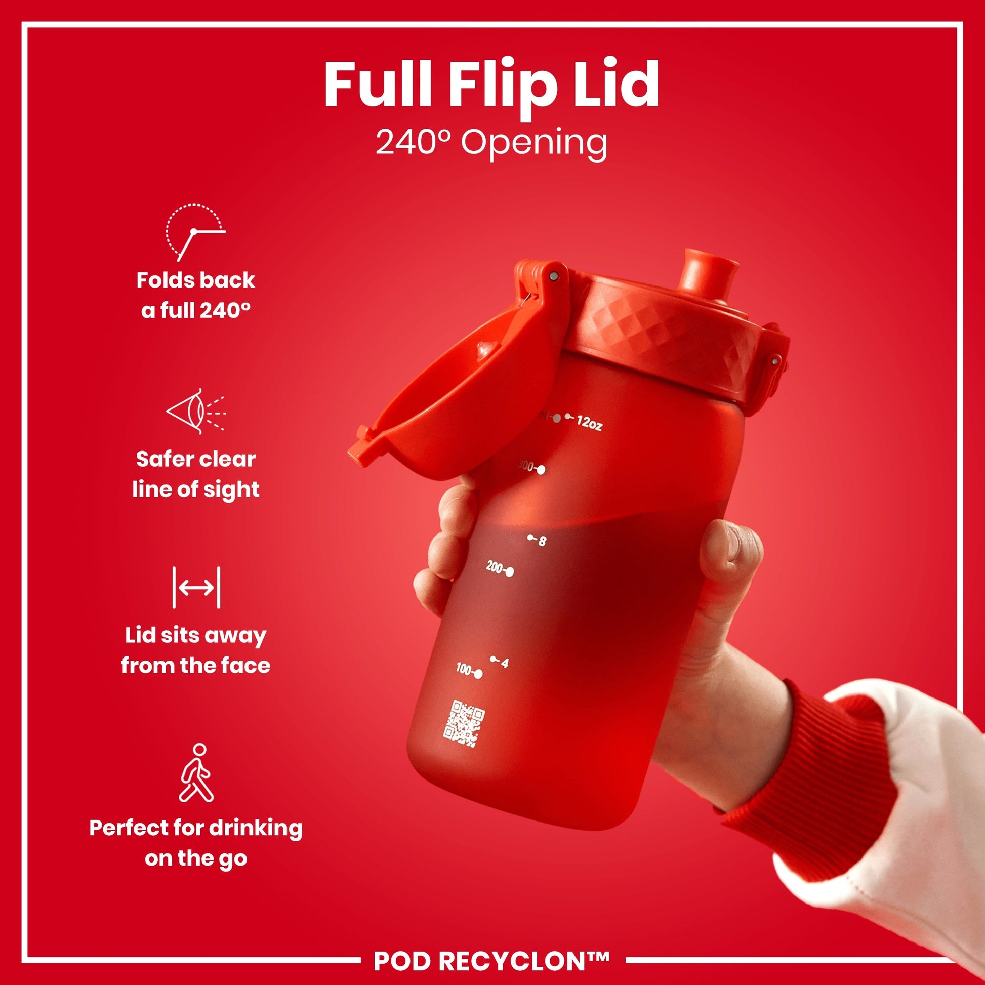 Red water bottle with a full flip lid on a red background, featuring text and icons about the lid's features.