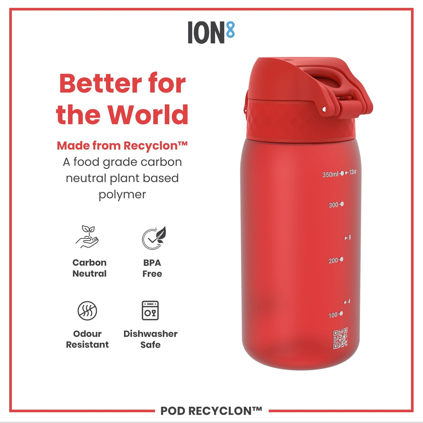 Red water bottle with 'ION8' branding and sustainability features on a white background