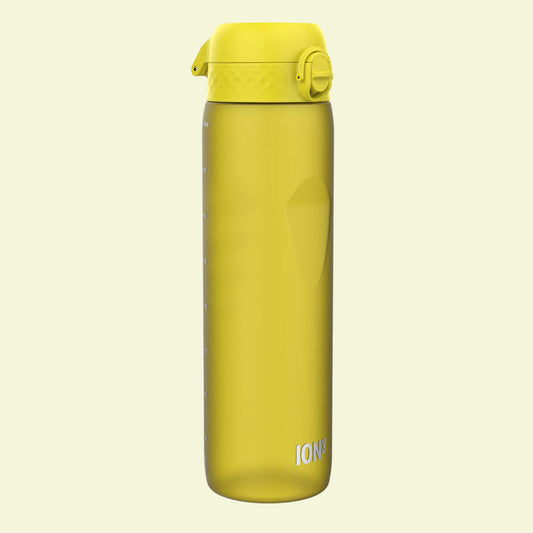 Yellow insulated bottle with a lid on a white background