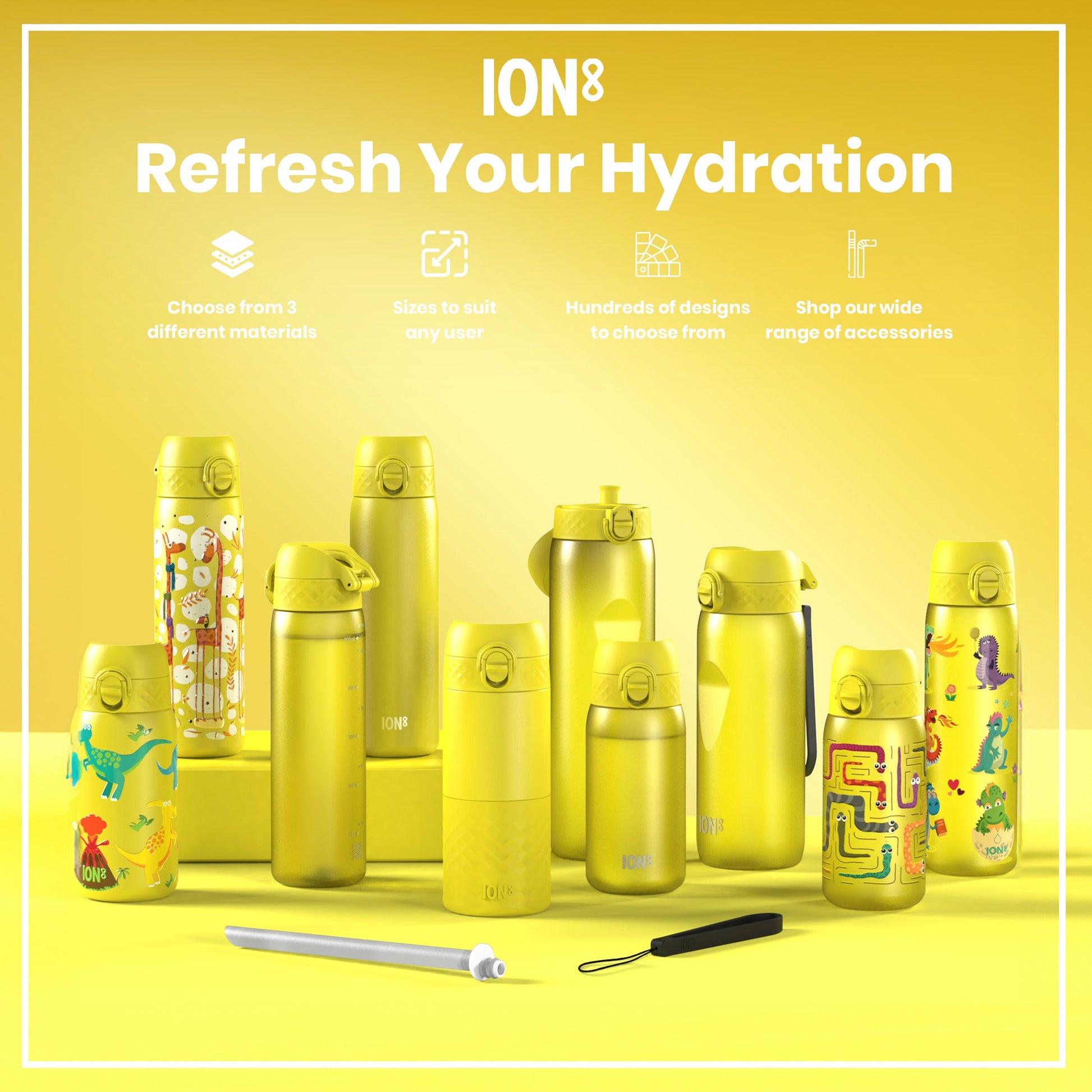 Collection of yellow water bottles with various designs on a yellow background, featuring the brand 'ION8'.