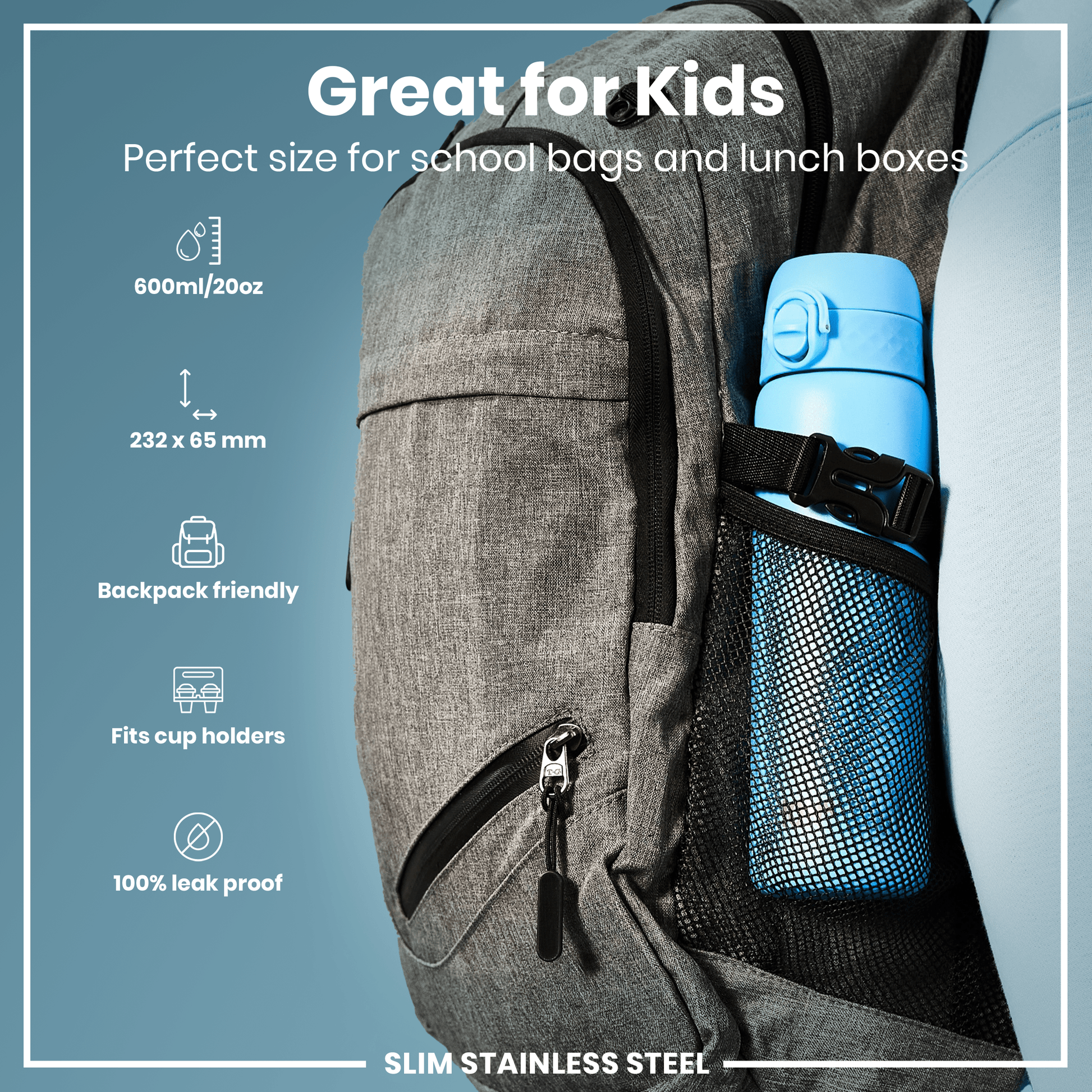 Gray backpack with a blue water bottle holder on a light blue background, featuring text and icons about the product.