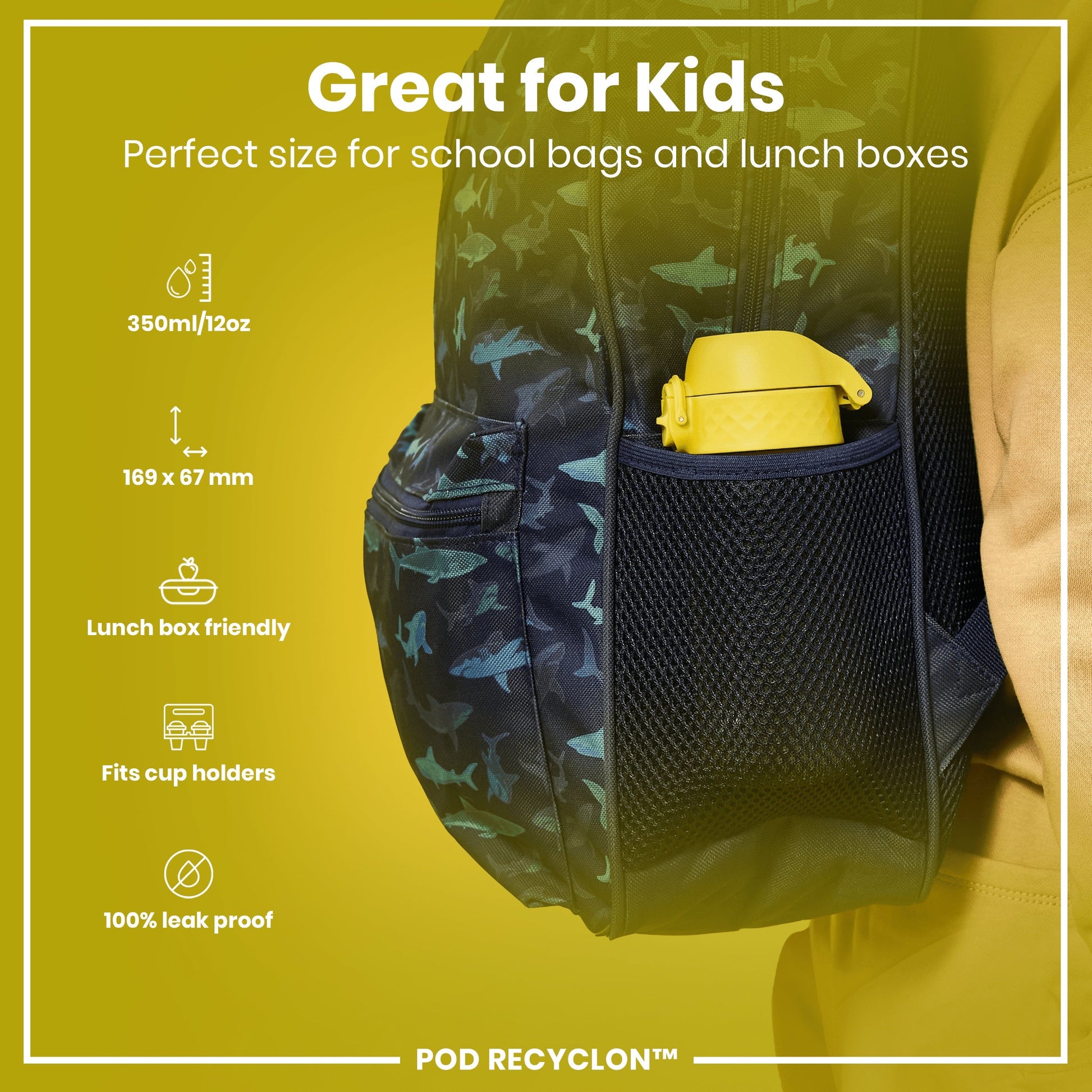 Backpack with a yellow water bottle in a pocket, featuring text about its suitability for kids and school bags.