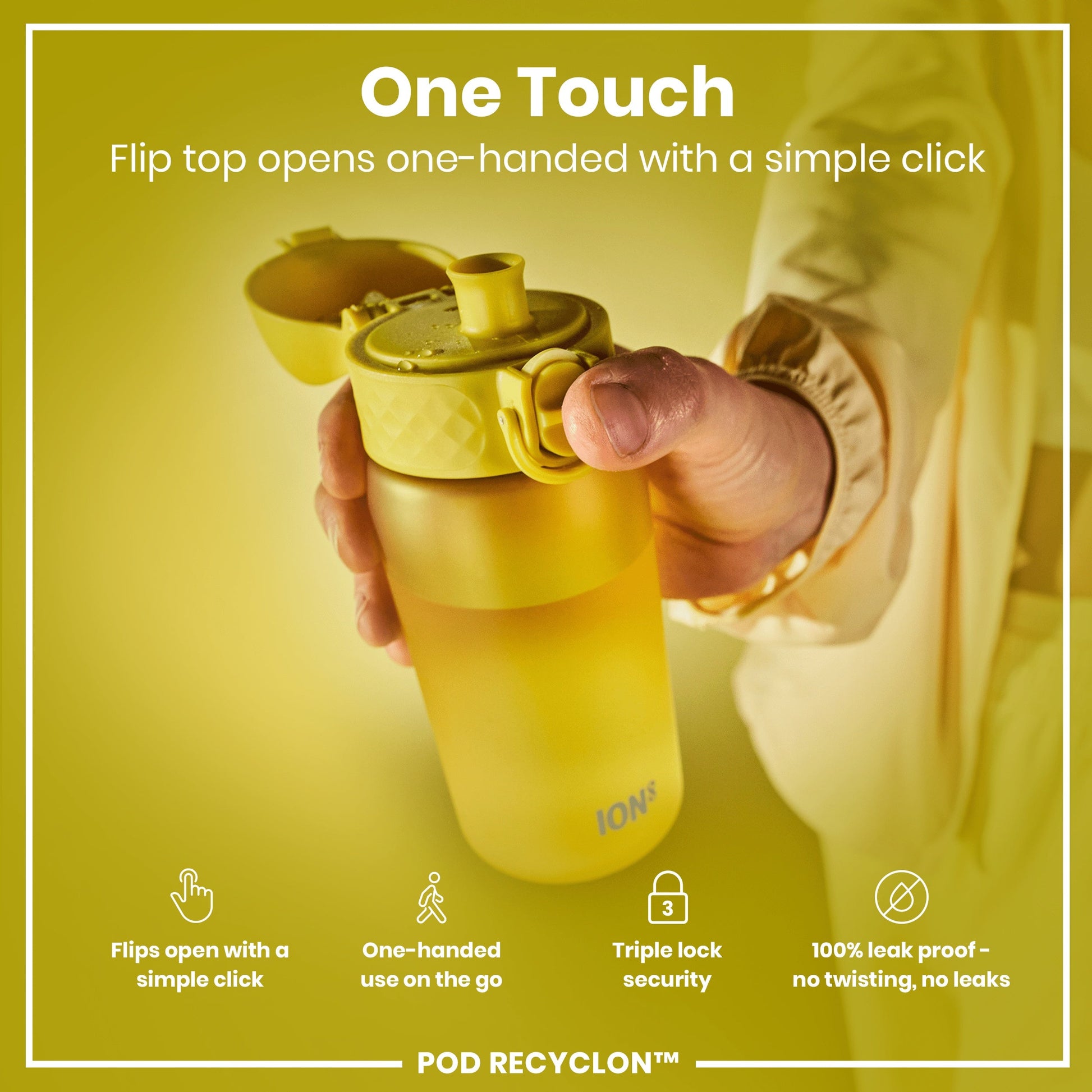Yellow water bottle with flip top feature on a yellow background