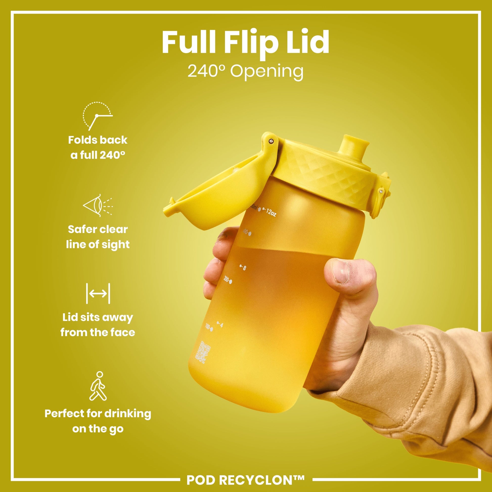 Yellow water bottle with a full flip lid on a yellow background