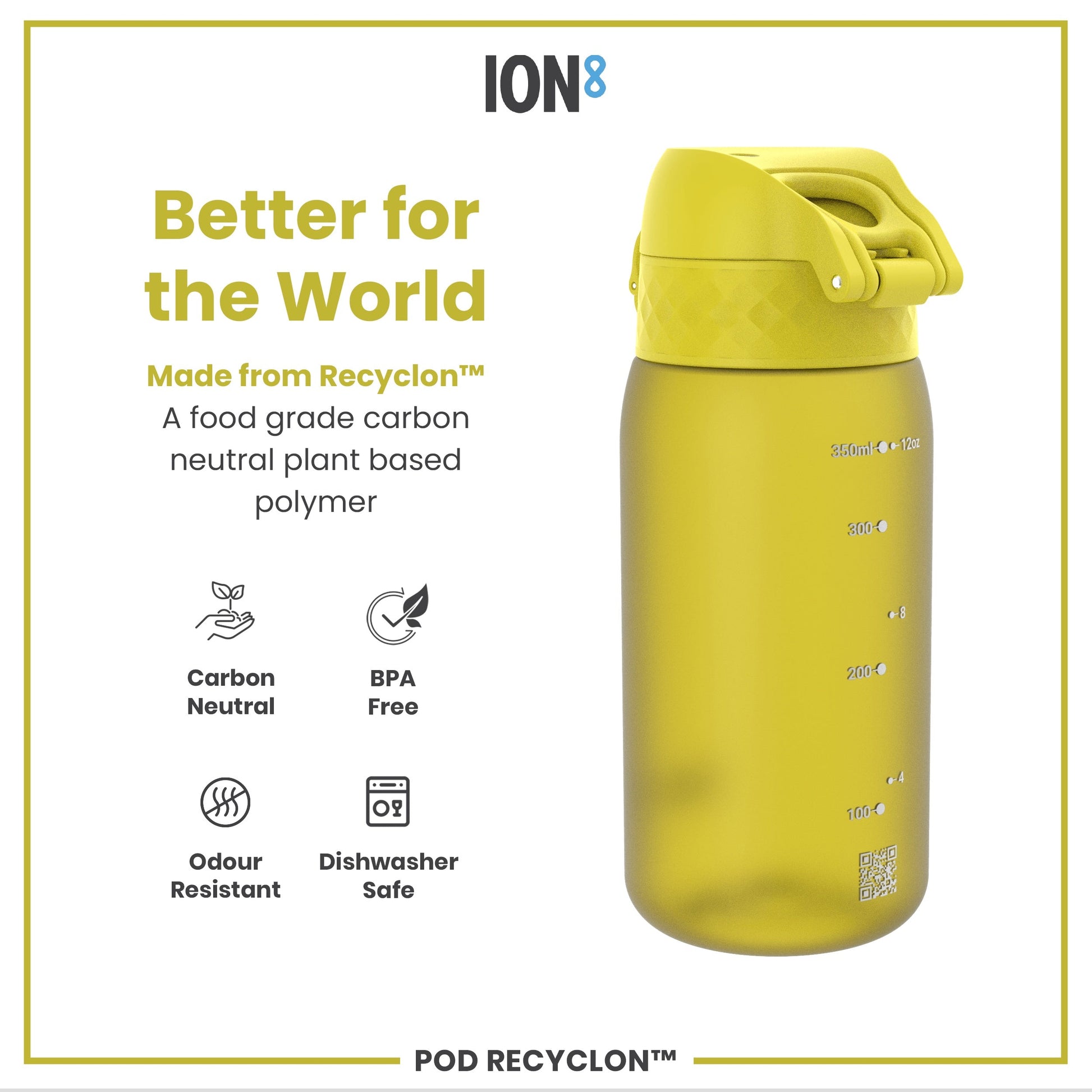 Yellow water bottle with 'ION8' branding and sustainability features on a white background