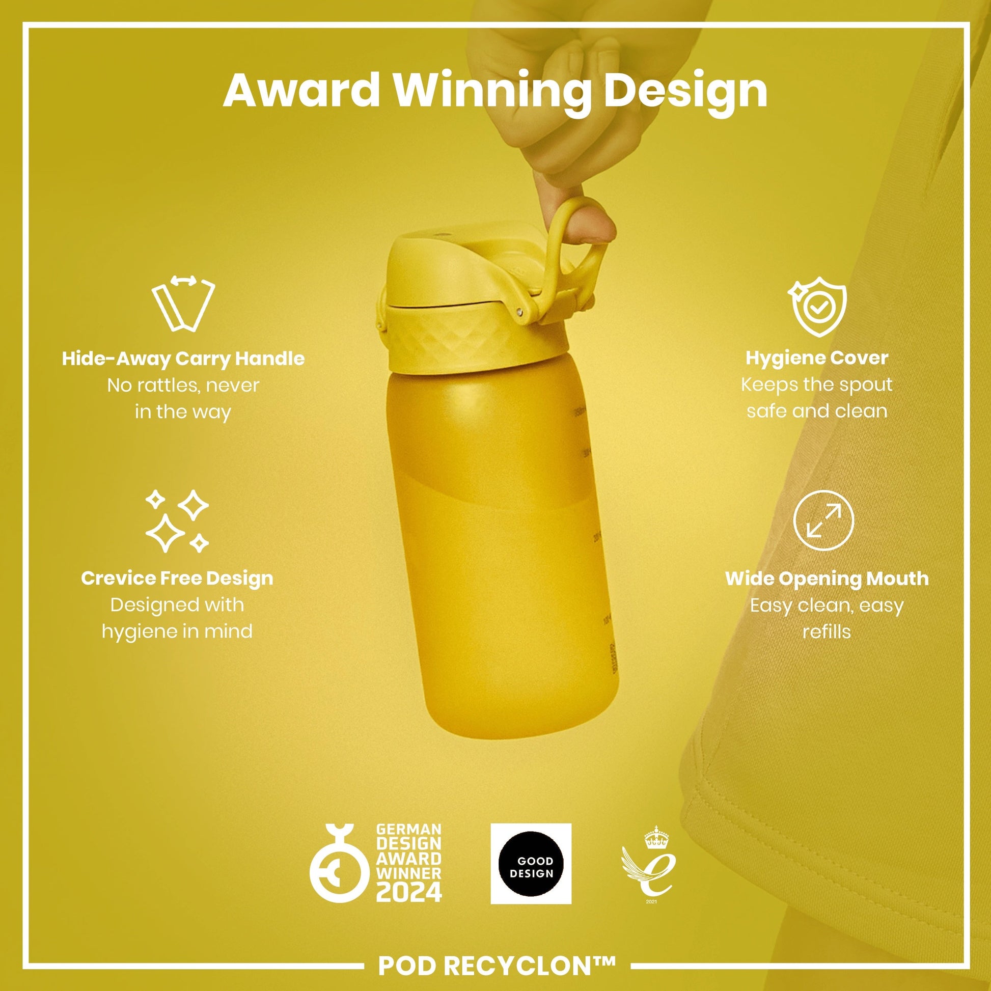 Yellow water bottle with features listed on a yellow background