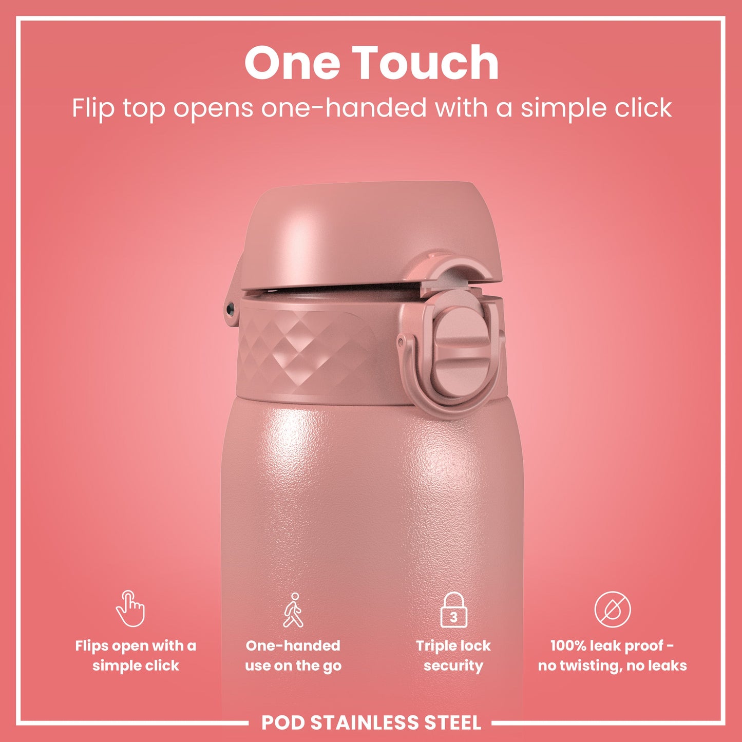 Pink stainless steel water bottle with flip top on a pink background