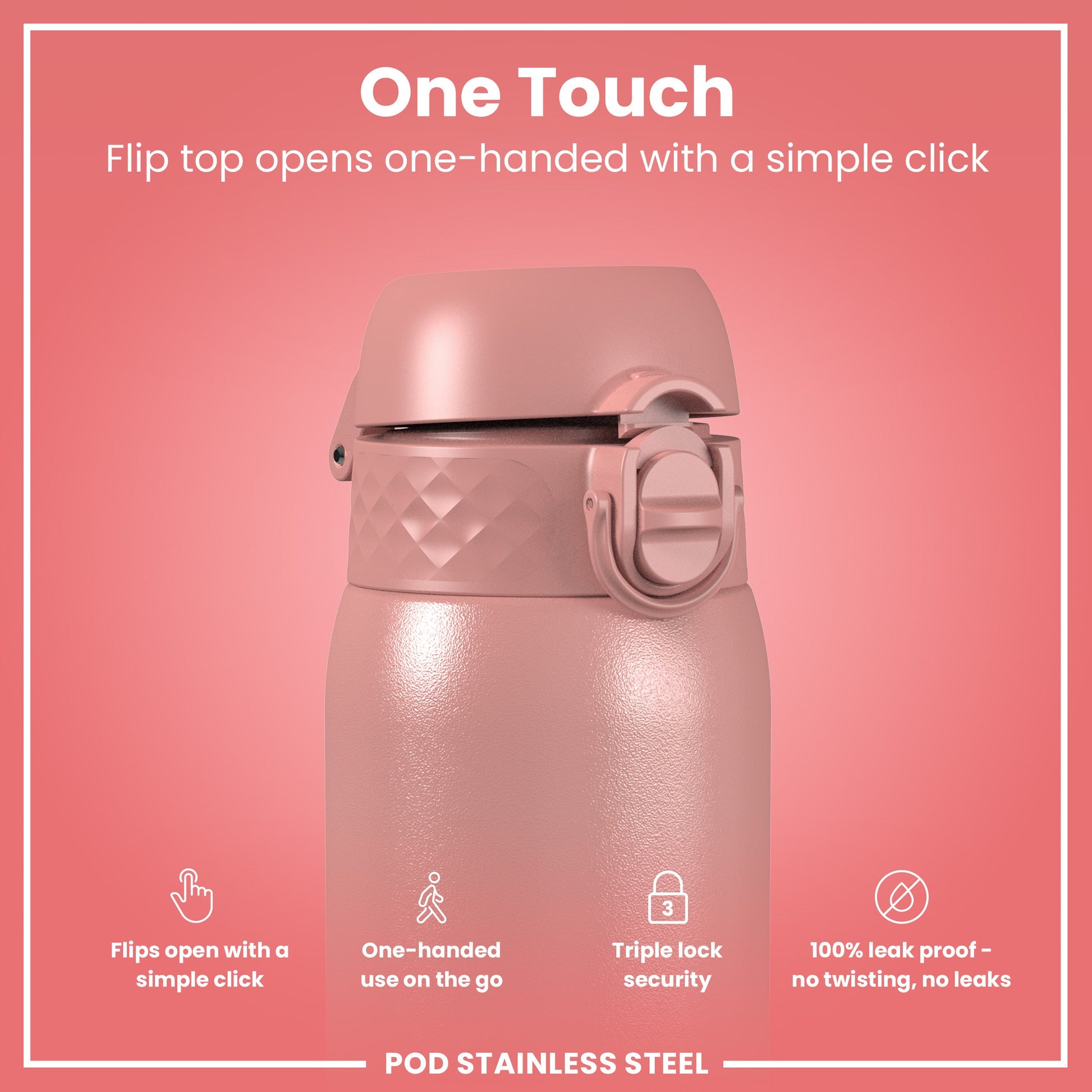 Pink stainless steel water bottle with flip top on a pink background