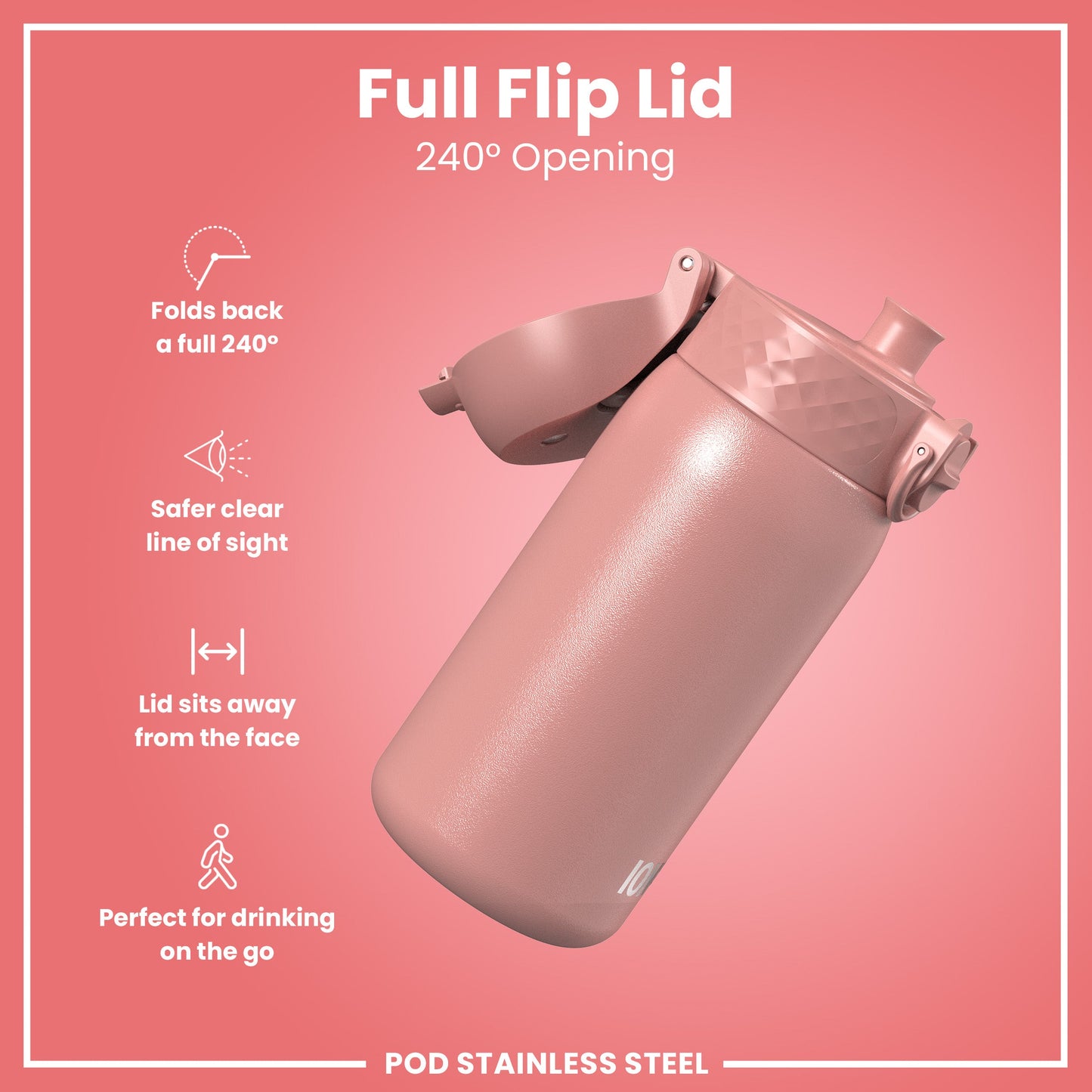Pink thermos with full flip lid on a pink background
