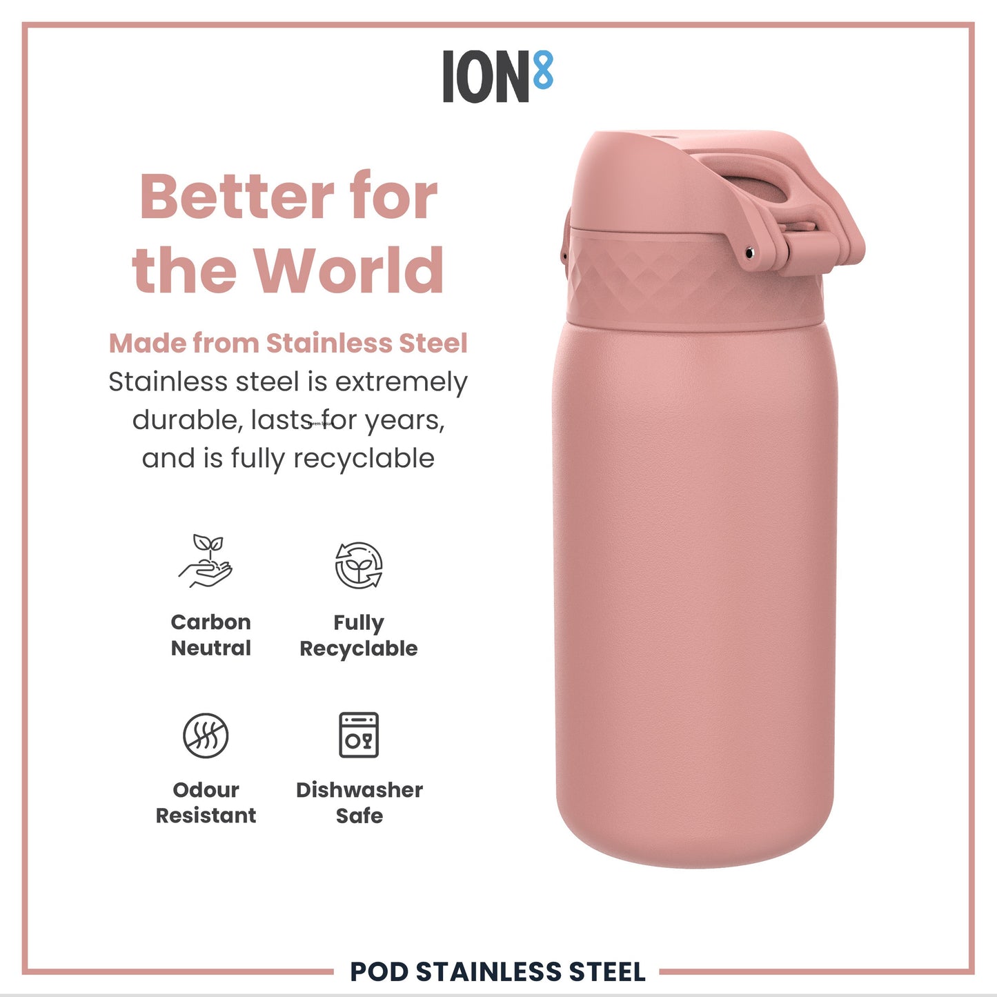 Pink stainless steel water bottle with ION8 branding and sustainability features on a white background