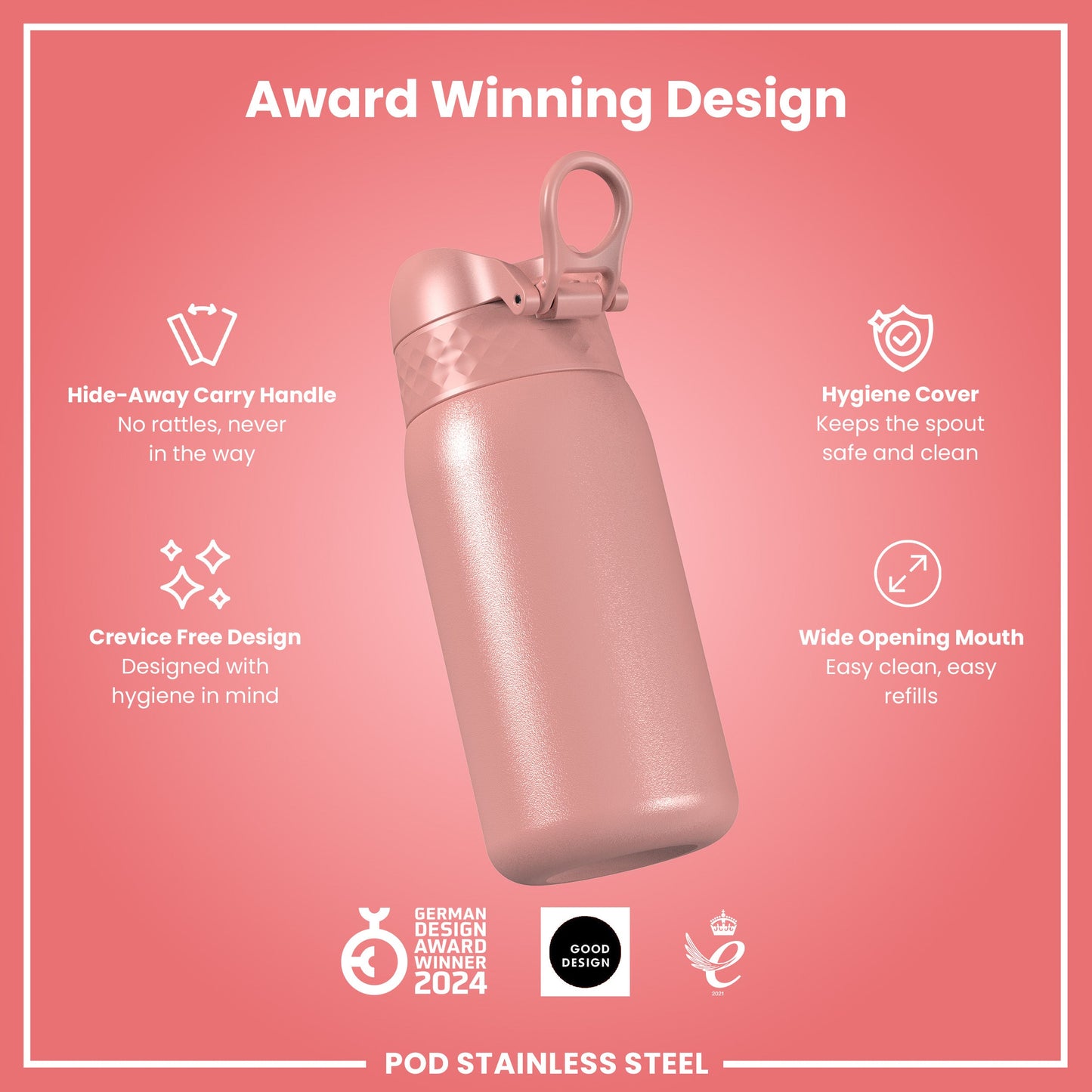 Pink water bottle with features listed on a pink background