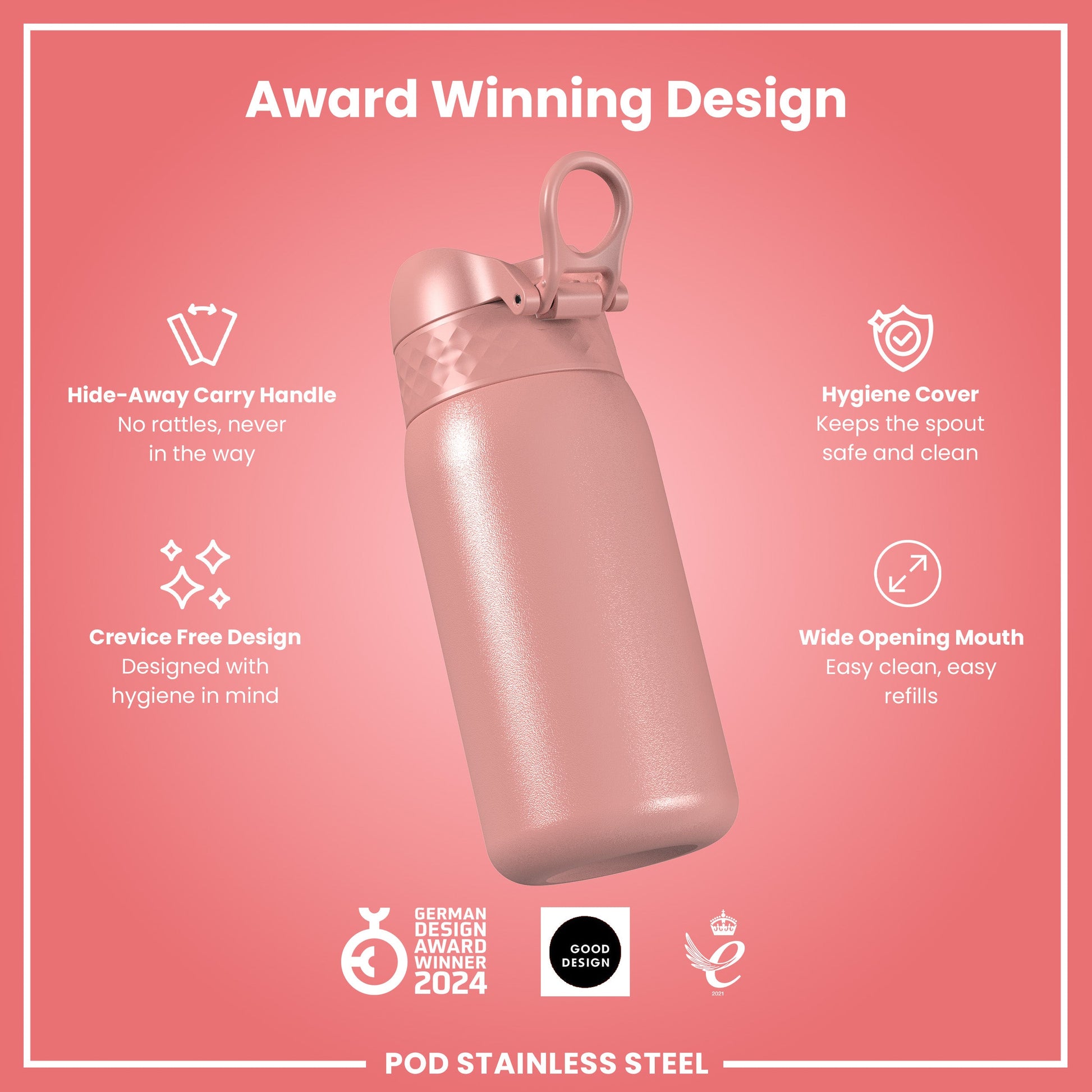 Pink water bottle with features listed on a pink background