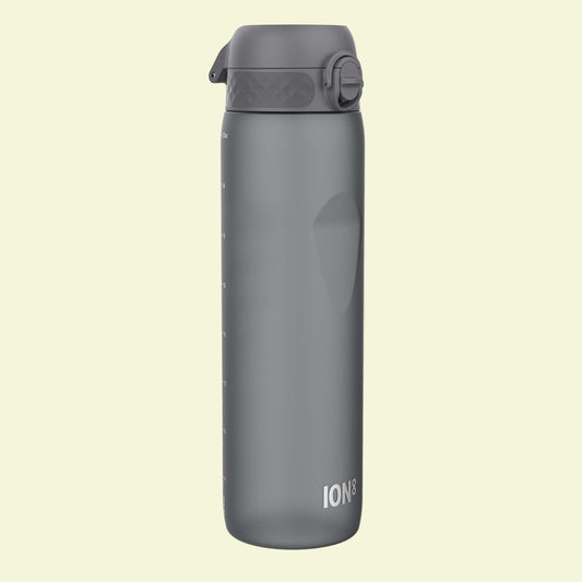 Gray water bottle with a flip lid on a white background