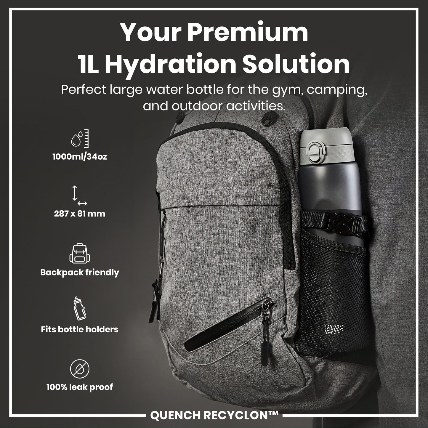 Gray backpack with a water bottle holder, featuring product details on a black background.