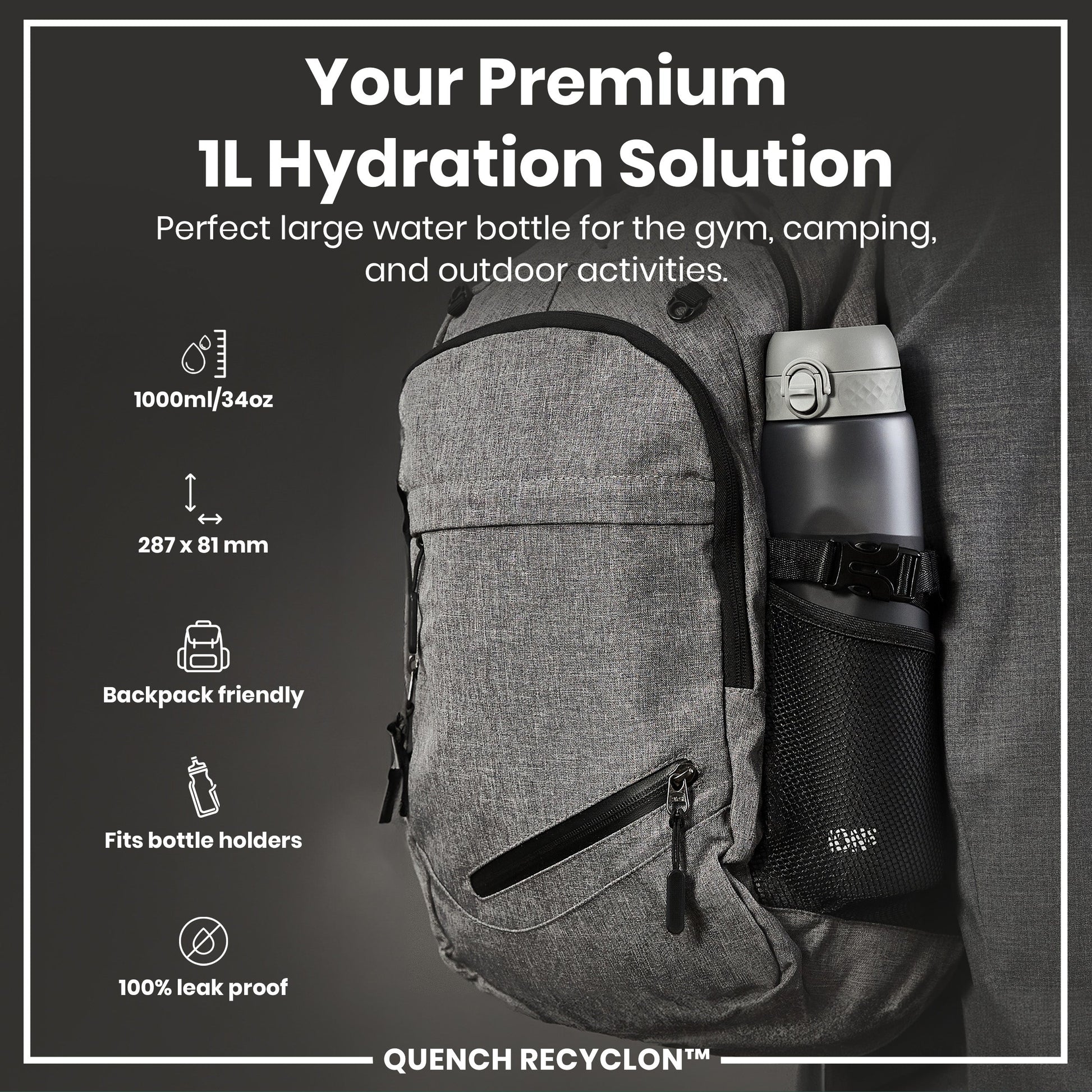 Gray backpack with a water bottle holder, featuring product details on a black background.