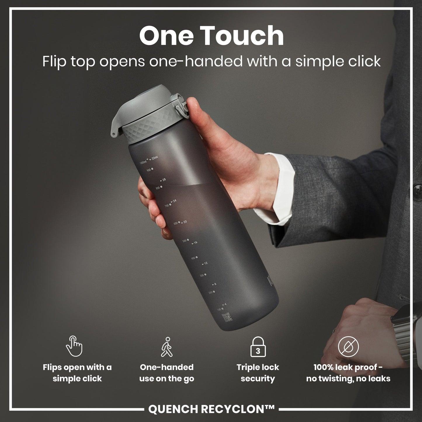 Hand holding a black water bottle with text highlighting features on a dark background
