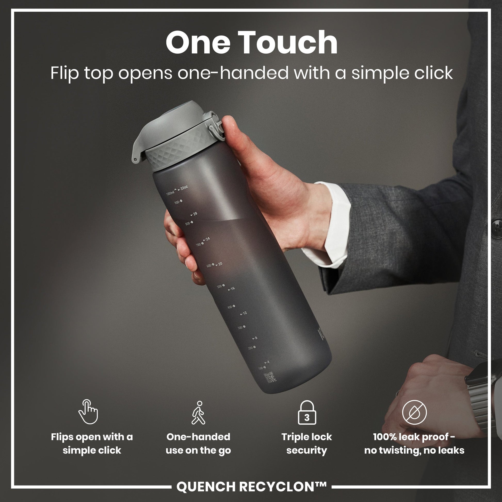 Hand holding a black water bottle with text highlighting features on a dark background